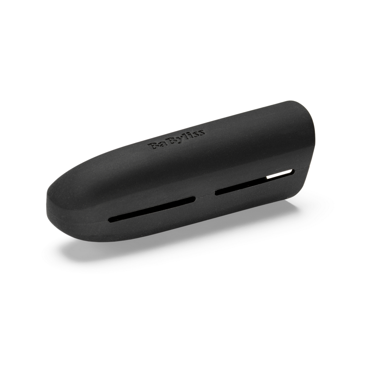 A black Babyliss hair tool cover lies on a white surface. It is cylindrical with slots. The brand name is embossed.