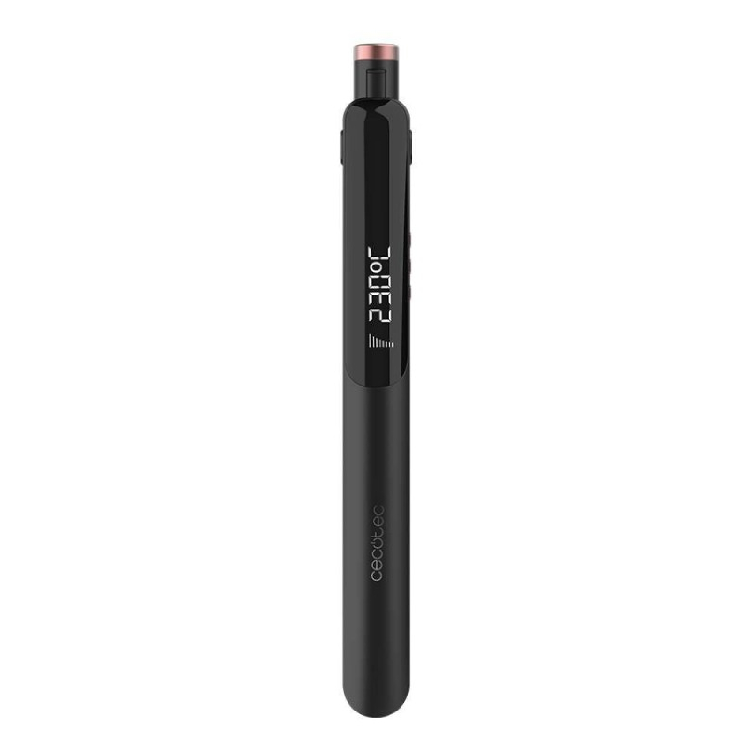 Una penna vape nera con display digitale che mostra 230 gradi Celsius. Il marchio 'Cecotec' è stampato. La parte superiore è color oro rosa.