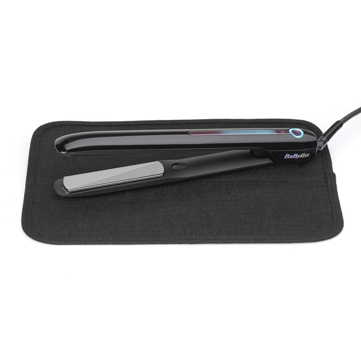 Black BaByliss hair straightener on a black mat, with a white background. The straightener is open and ready to use.