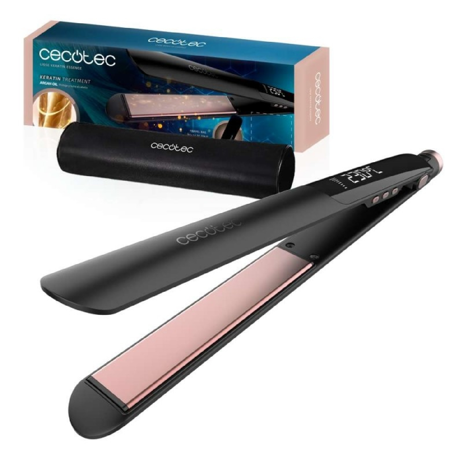 Una piastra per capelli nera con piastre color oro rosa, una custodia da viaggio nera e una confezione del prodotto.