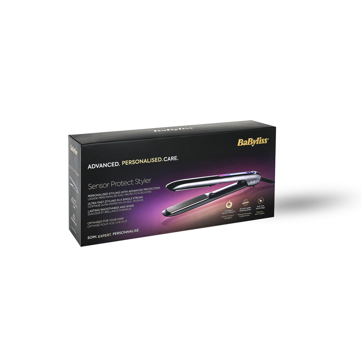 A box of BaByliss Sensor Protect Styler. It shows a hair straightener and product details. The box is black with white text.