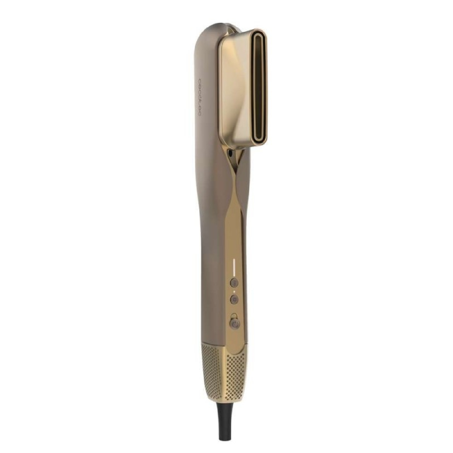 Een goud-grijze haarstylingtool, met een rechthoekig mondstuk. De handgreep heeft knoppen en een zwarte basis.