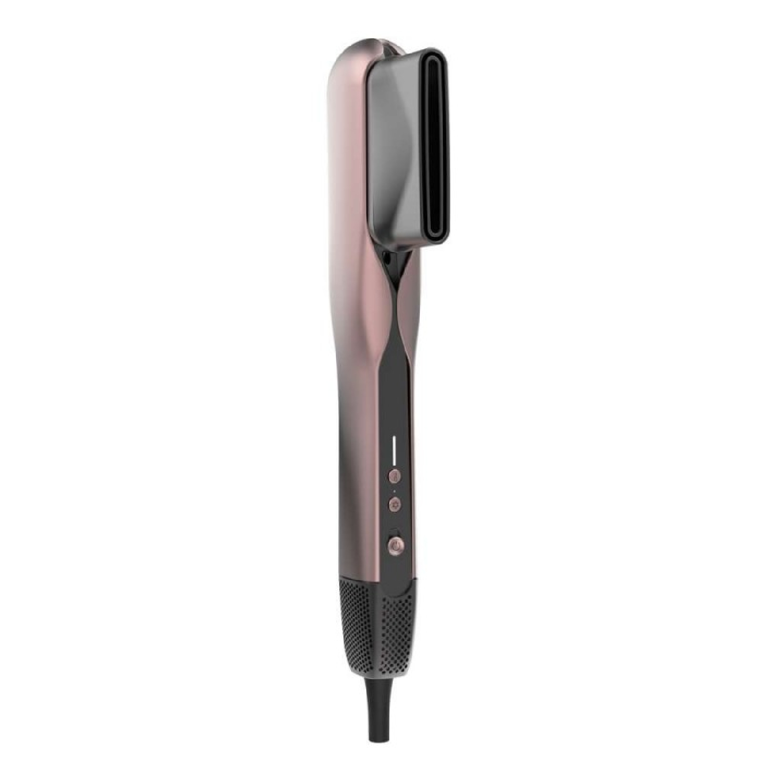 Ein roségoldenes Haarstyling-Tool mit einer dunkelgrauen Düse, Knöpfen und einem schwarzen Griff.