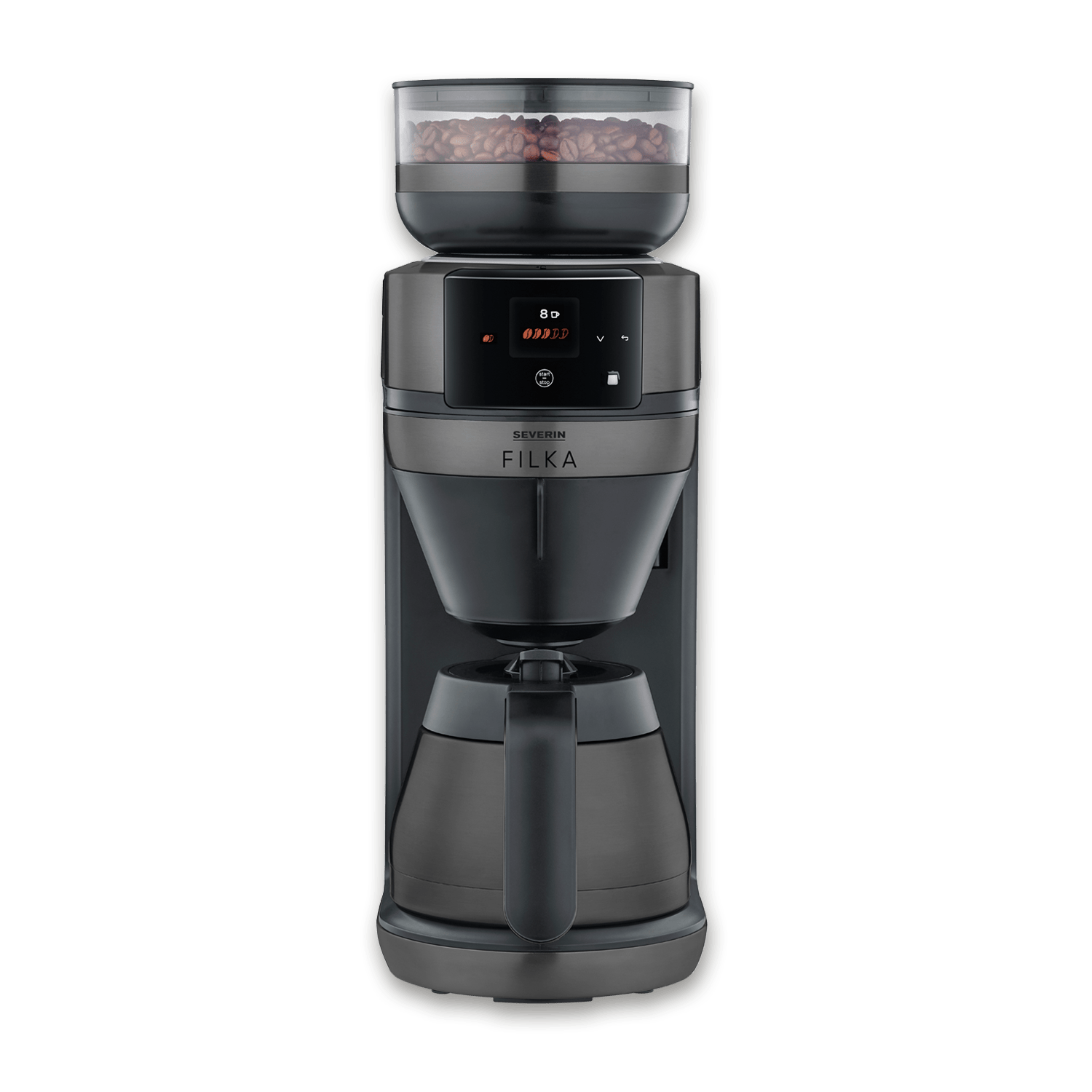 Una cafetera con un recipiente para granos en la parte superior. Tiene una pantalla digital, una jarra y un diseño negro y gris.