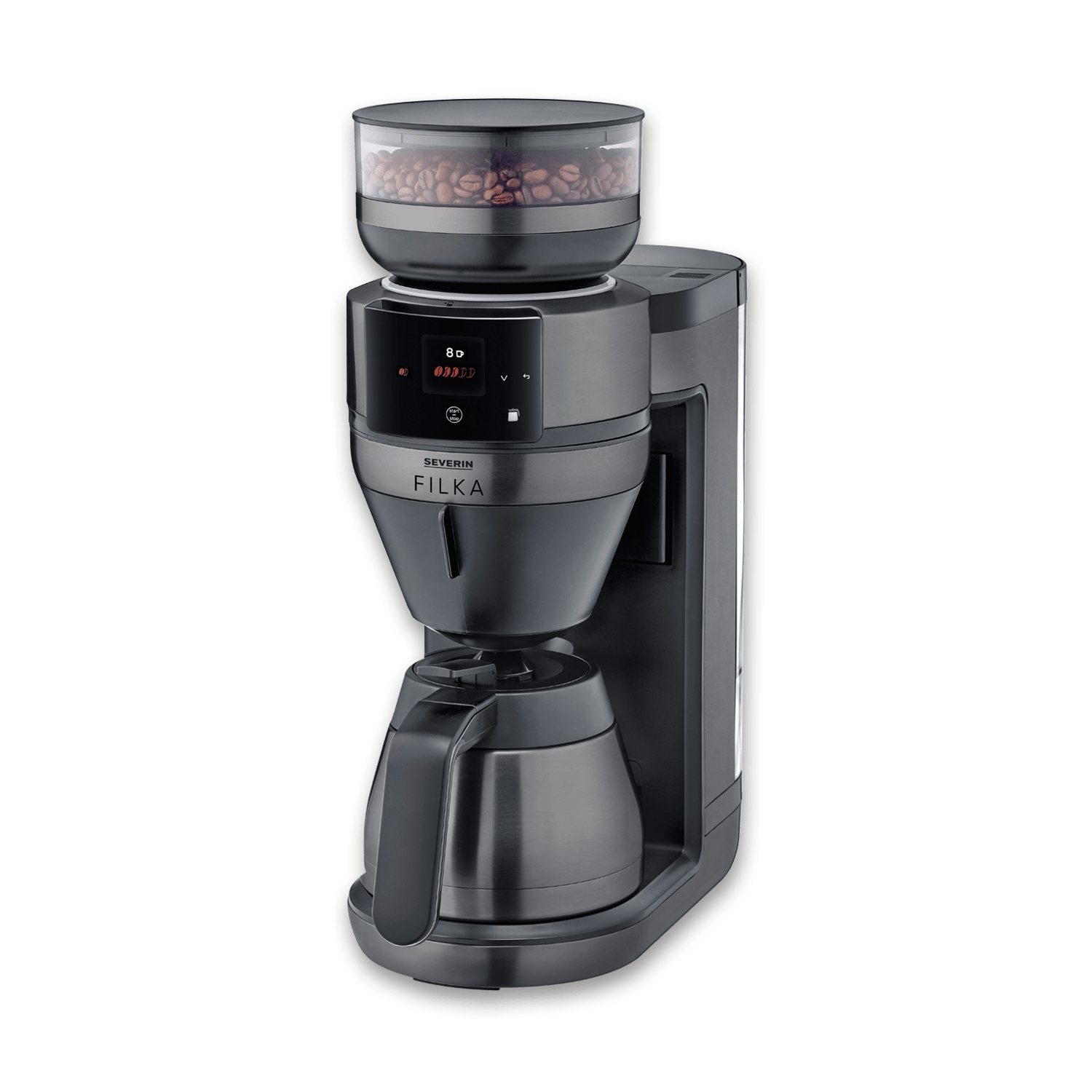Una cafetera oscura con tolva de granos arriba. La máquina tiene pantalla digital y jarra térmica.