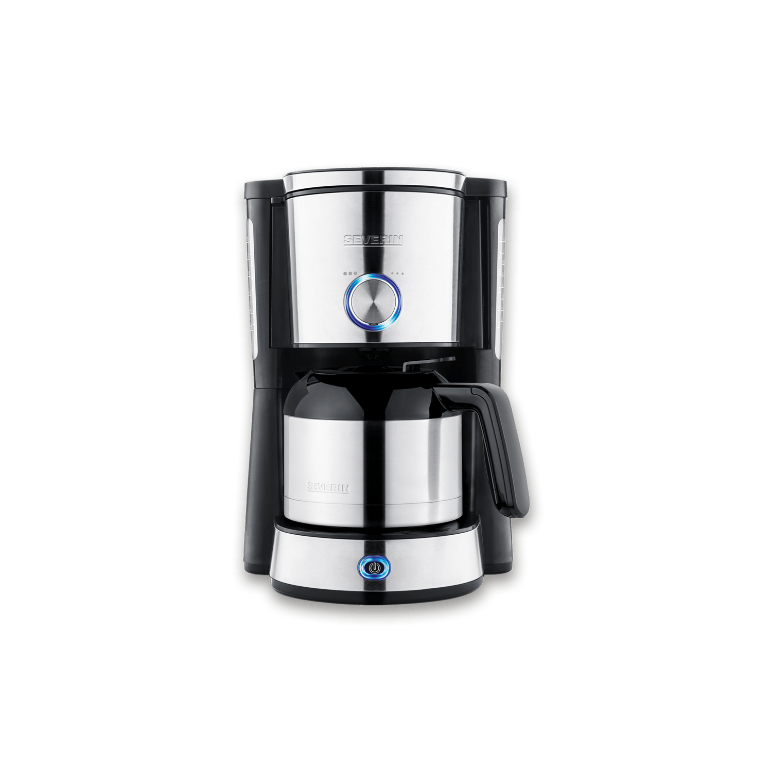 Srebrno-czarny ekspres do kawy Severin. Ma dzbanek ze stali nierdzewnej i niebiesko podświetlany przycisk zasilania.