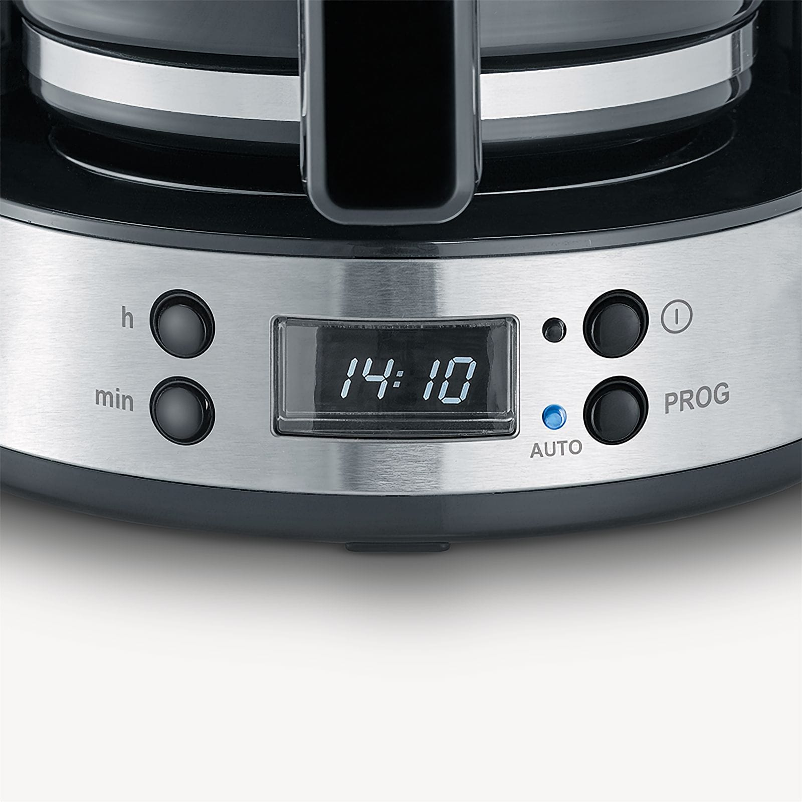 Zbliżenie panelu sterowania ekspresu do kawy. Wyświetla 14:10 na cyfrowym zegarze. Widoczne przyciski godzin, minut i ustawień automatycznych.