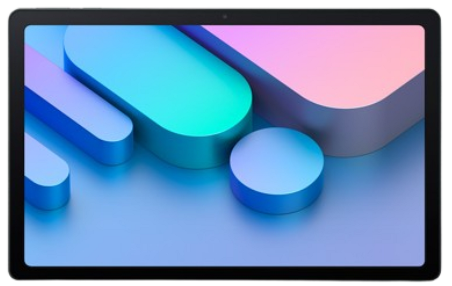 Tablet che mostra un design astratto con forme geometriche blu, ciano e rosa su uno sfondo sfumato.