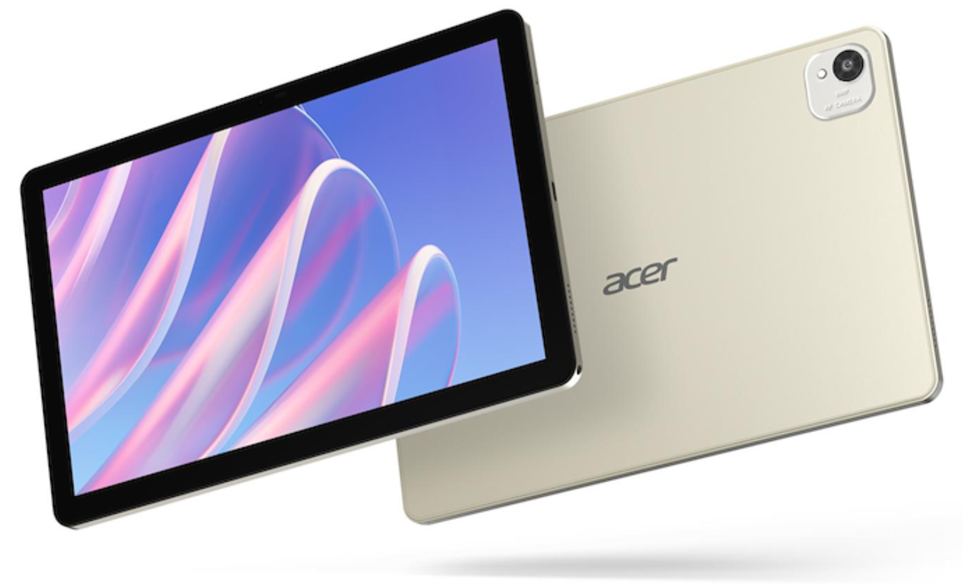 Un tablet Acer, che mostra la parte anteriore e posteriore. Lo schermo mostra un'immagine astratta colorata. Il retro è beige con una fotocamera.
