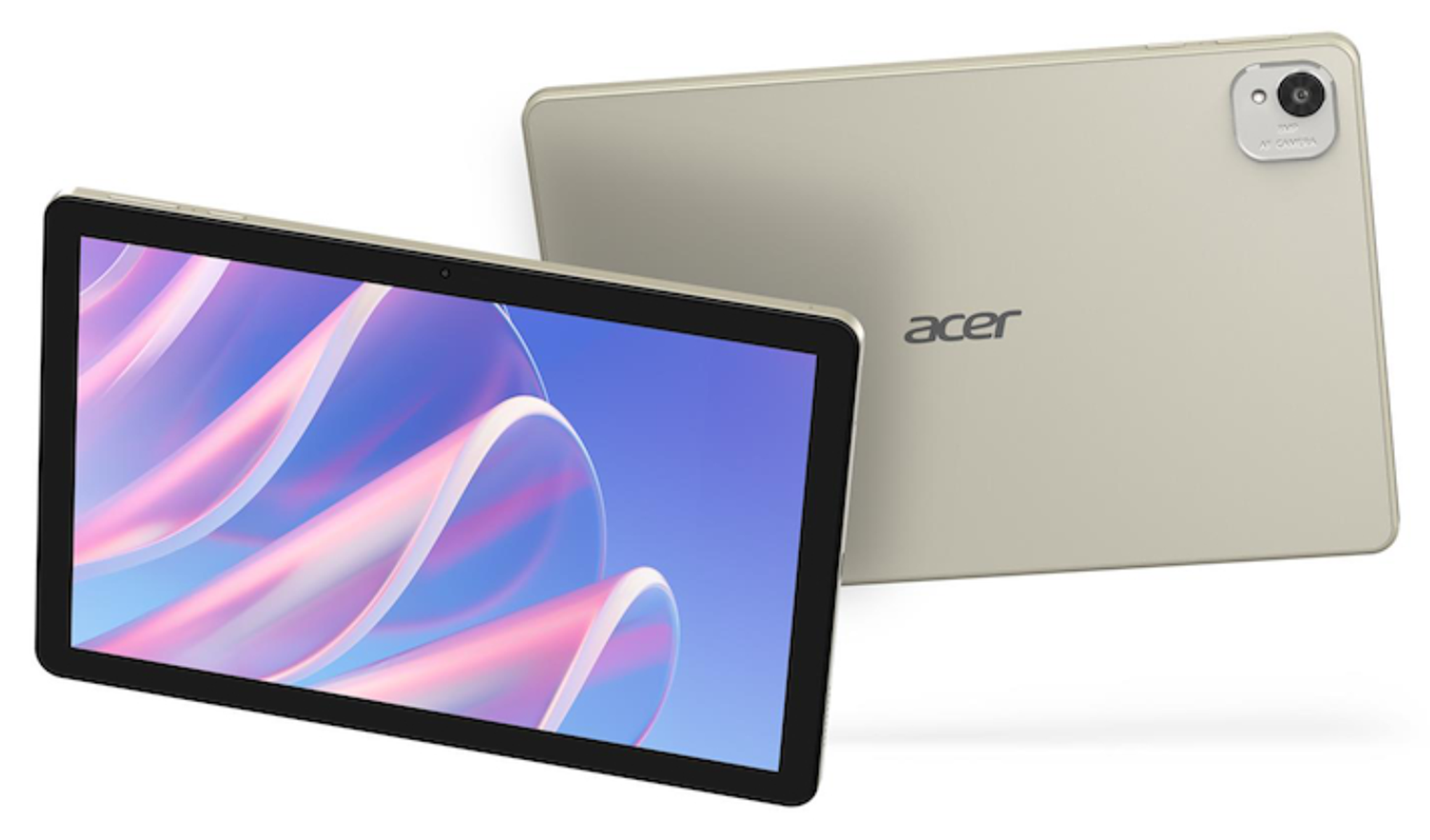 Un tablet Acer beige è mostrato in prospettiva, mostrando lo schermo con un design colorato e il retro con una fotocamera.