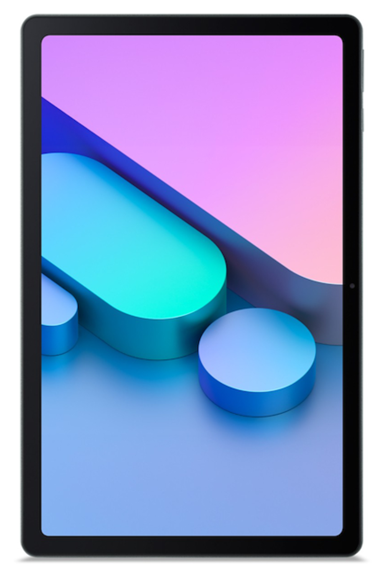 Tablet con sfondo sfumato. Cilindri blu e turchese su una superficie blu. Sfumature rosa e viola sullo sfondo.
