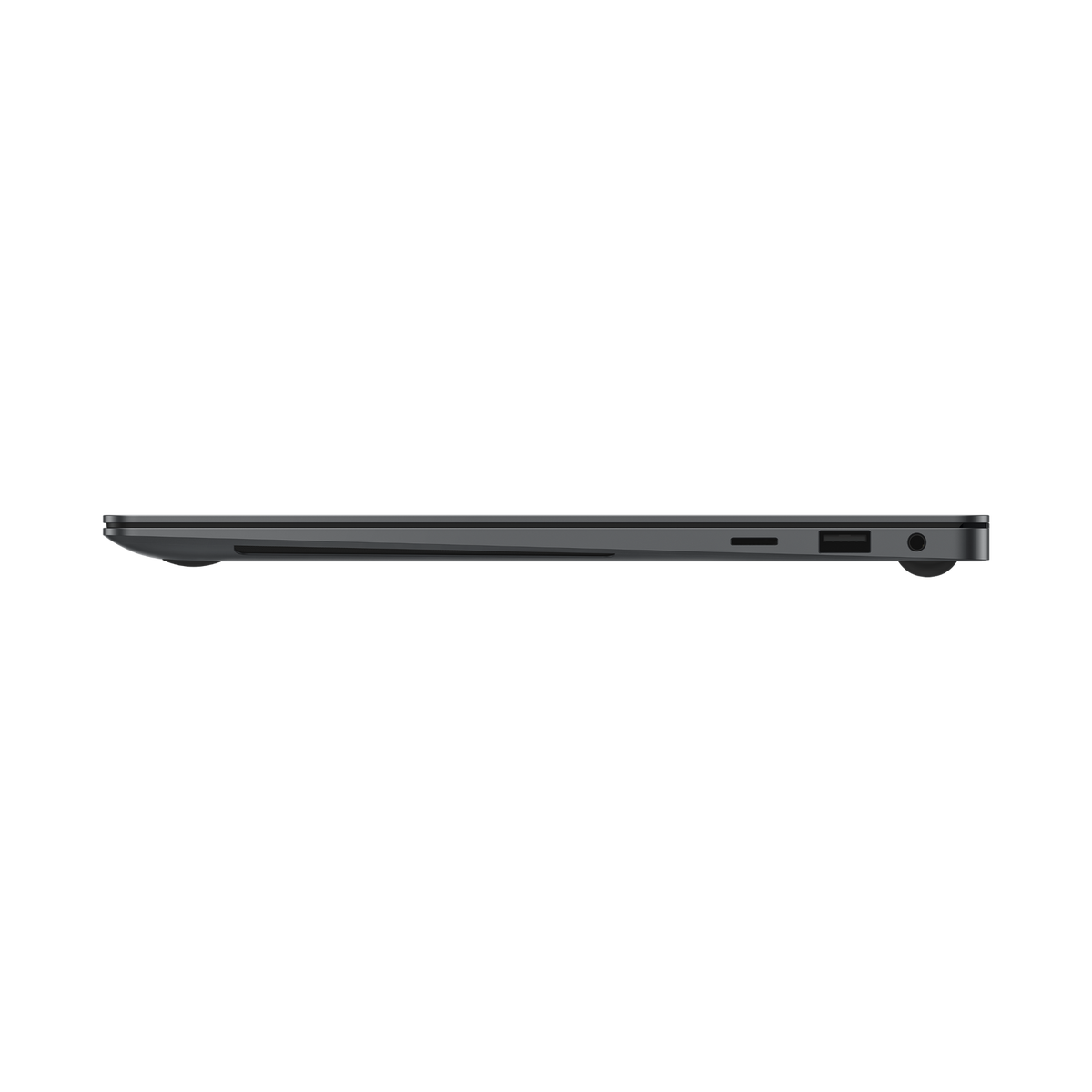 Vista laterale di un laptop grigio su sfondo nero. Le porte sono visibili.