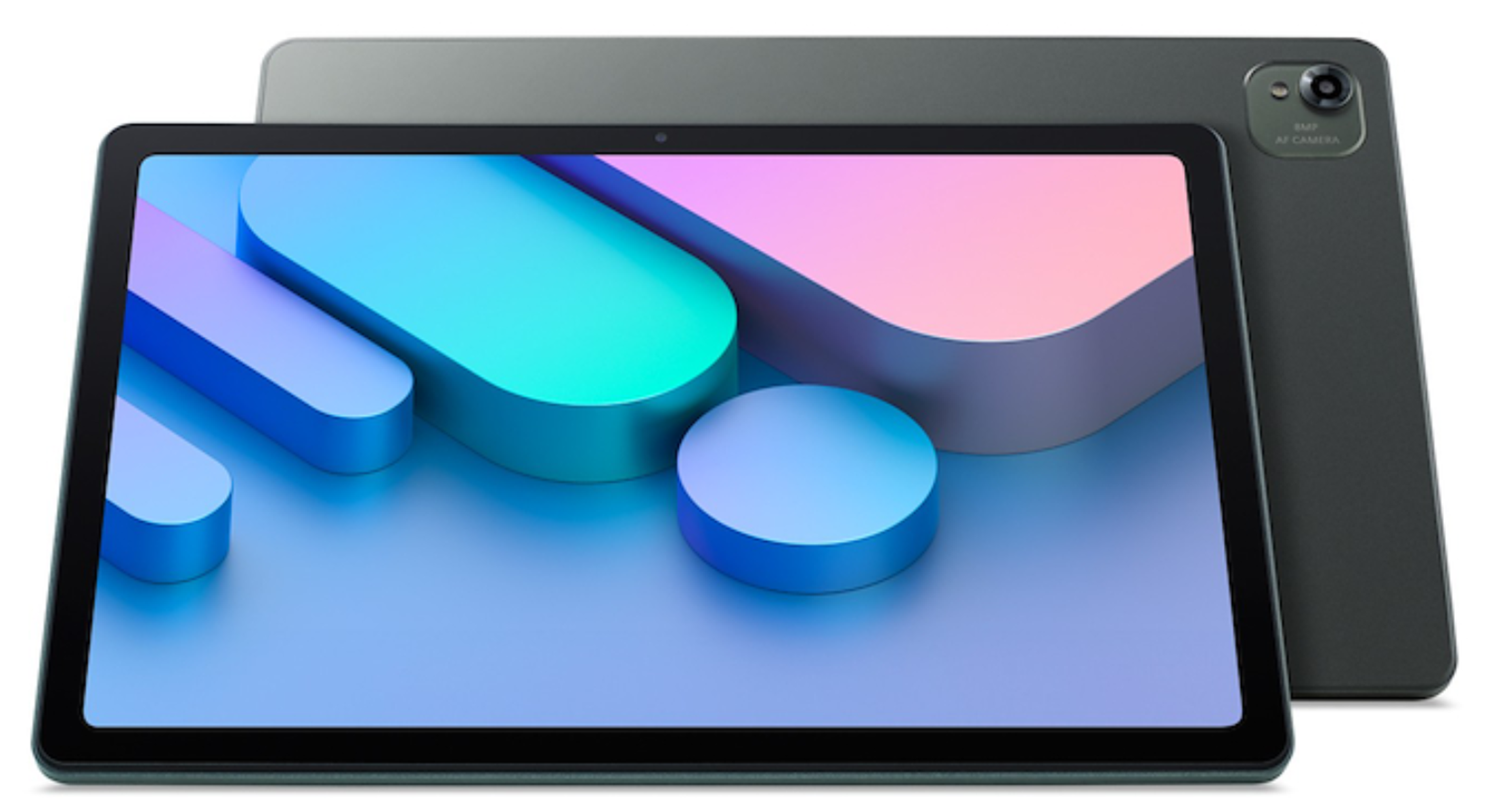 Due tablet, uno di fronte, che mostra un design astratto colorato. L'altro è dietro e mostra la fotocamera.
