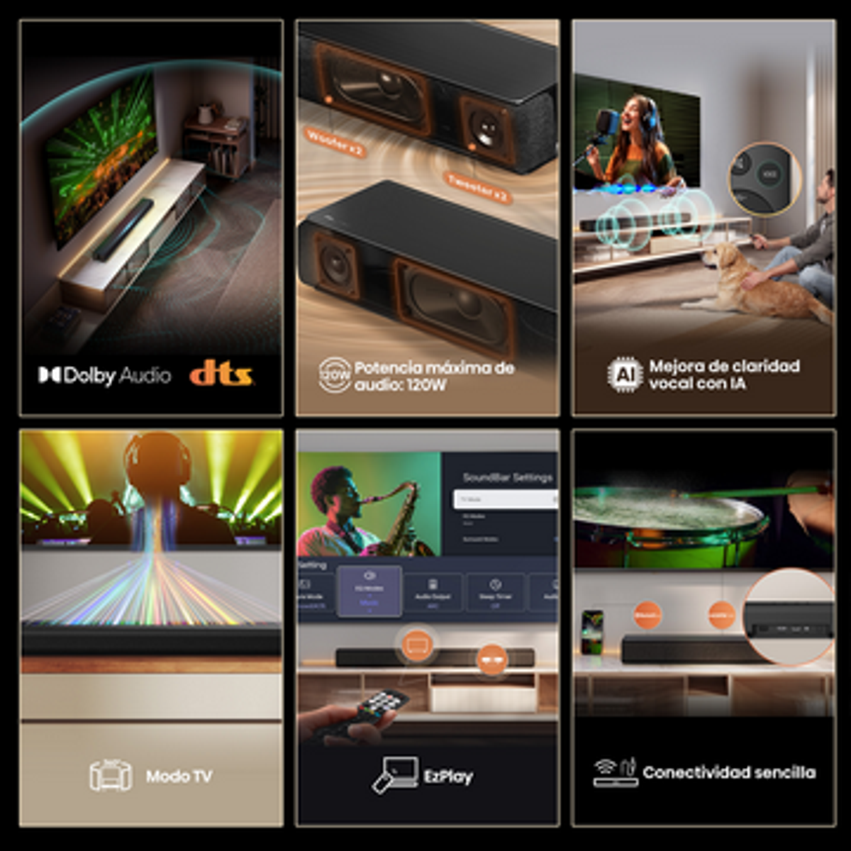 Une barre de son avec des fonctionnalités comme Dolby Audio et DTS. Elle présente un mode TV et une clarté vocale IA. Elle a EzPlay et une connectivité facile.