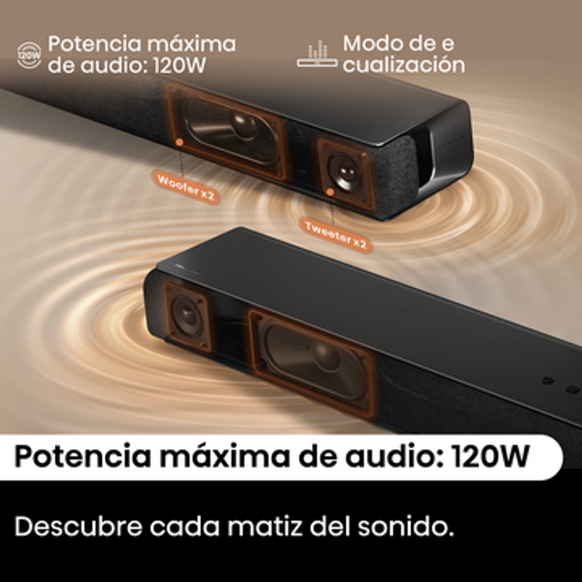 Deux barres de son noires avec haut-parleurs sont affichées. Le texte indique une puissance audio de 120W. Les étiquettes identifient les woofers et les tweeters.
