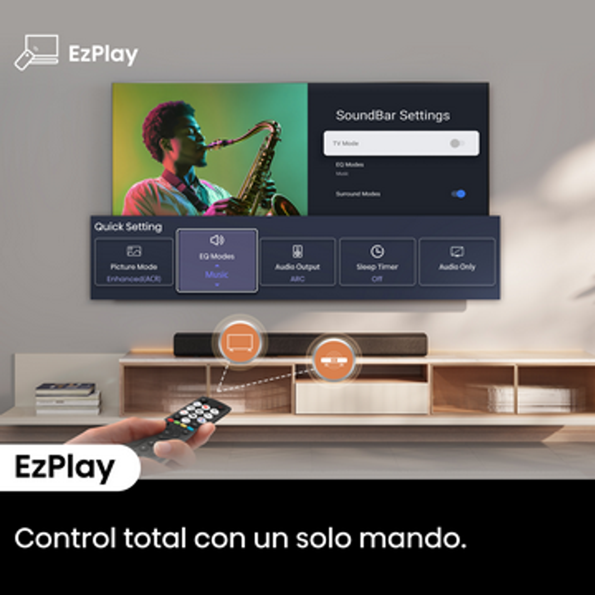Un écran de télévision affiche les paramètres de la barre de son et un homme jouant du saxophone. Une télécommande est au premier plan, avec la marque EzPlay.