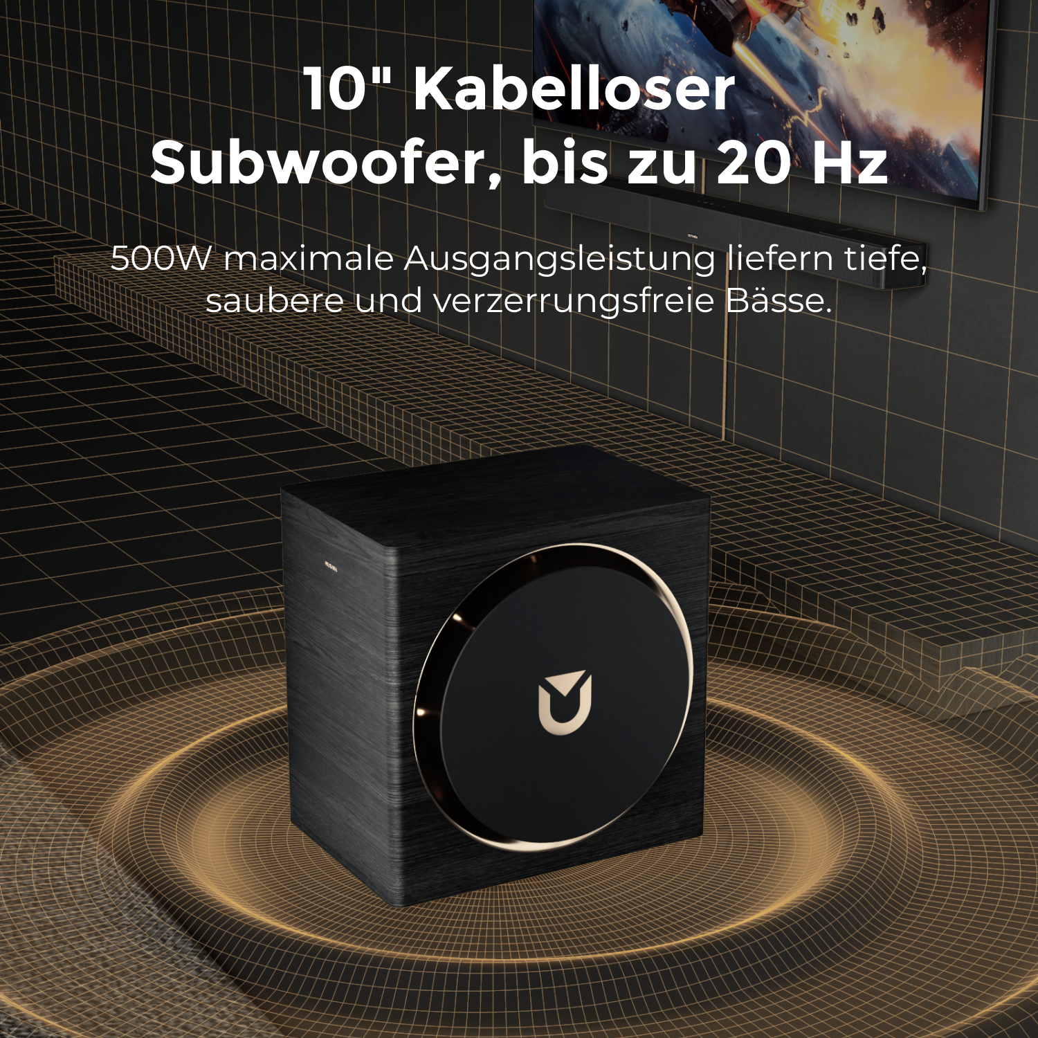 Czarny subwoofer ze złotym pierścieniem. Tekst: '10" Kabelloser Subwoofer, bis zu 20 Hz'. Czarne tło ze złotymi liniami.