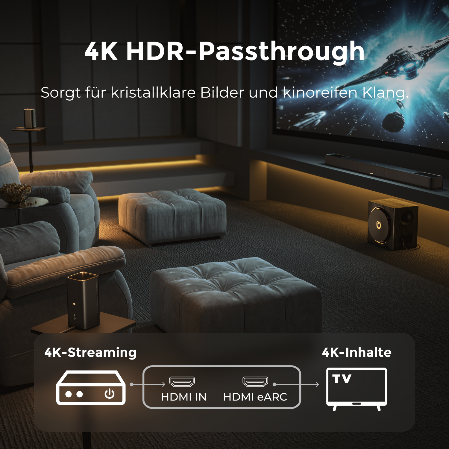 Nowoczesny zestaw kina domowego z dużym ekranem wyświetlającym scenę statku kosmicznego. Obejmuje siedzenia, pufy i schemat połączeń HDMI.