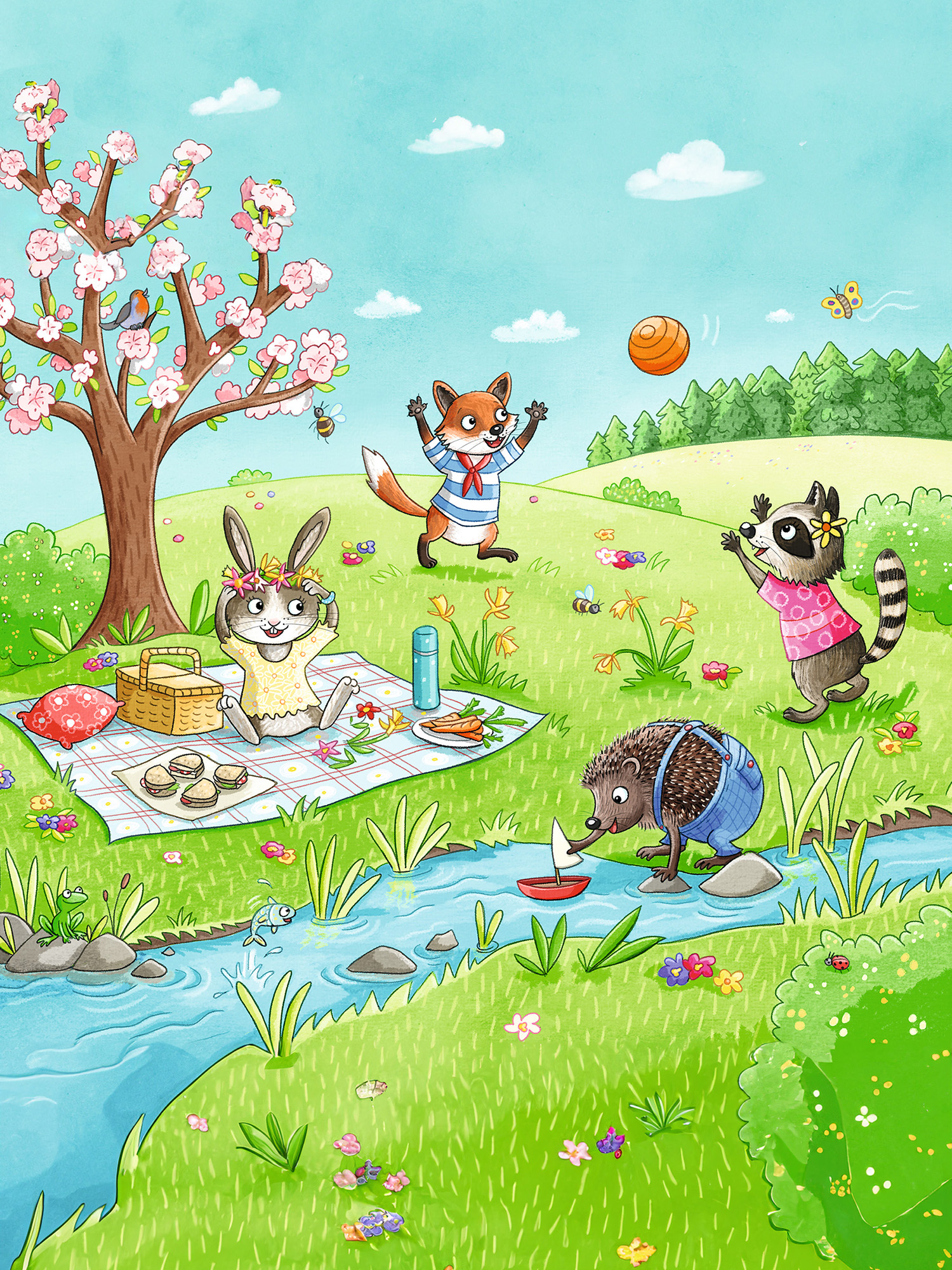 Eine Picknick-Szene mit Tieren. Ein Hase, ein Fuchs, ein Waschbär und ein Igel spielen in der Nähe eines Baches mit einem Baum und Blumen.