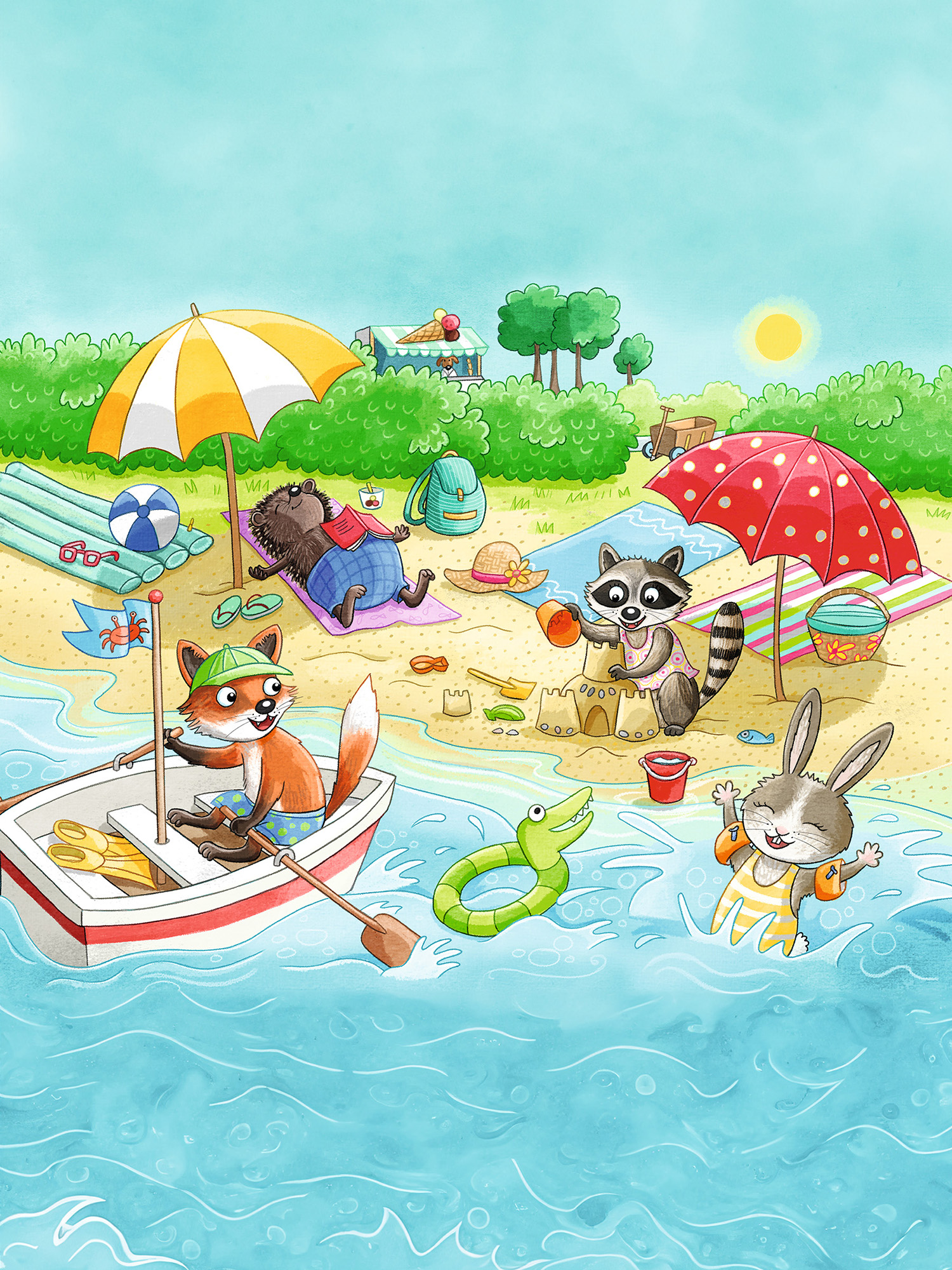 Strandszene mit Tieren: Fuchs im Boot, Waschbär baut Sandburg, Hase schwimmt, Igel sonnt sich und Eisstand.