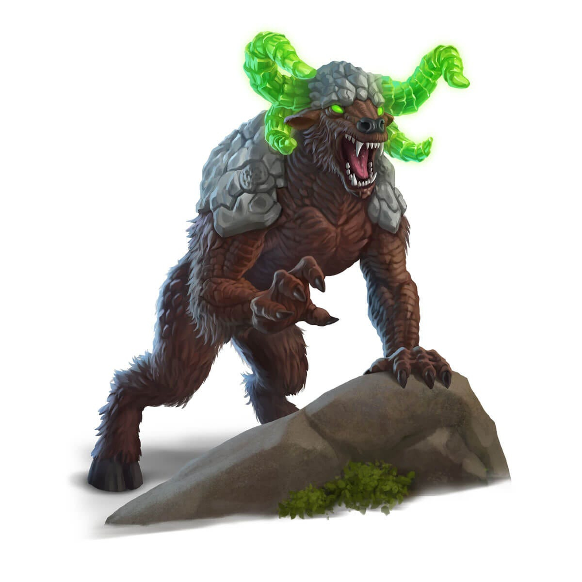 Un monstre brun et poilu avec des cornes et des yeux verts brillants, rugissant avec des dents acérées, se tient sur un rocher. Armure grise sur les épaules.