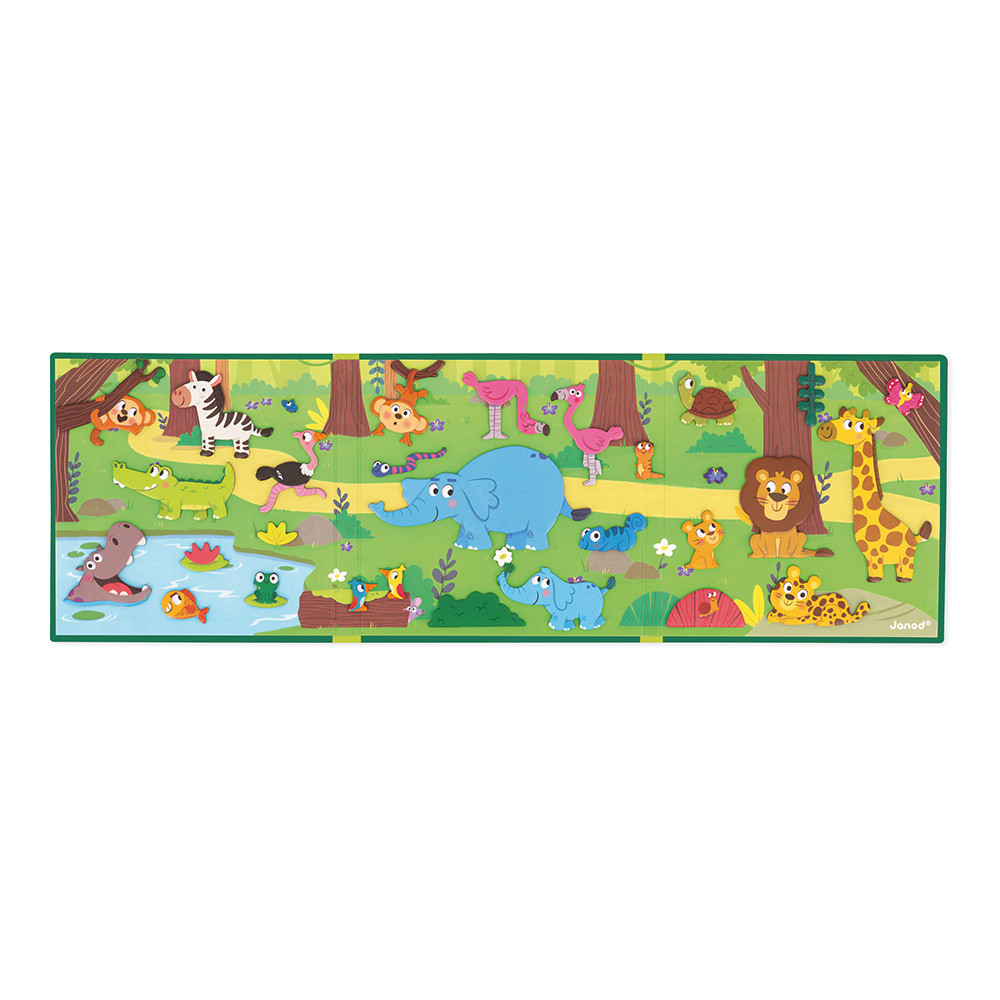 Un puzzle colorato della giungla con vari animali come zebra, elefante, leone, giraffa e fenicotteri. Uno stagno con un ippopotamo è in primo piano.