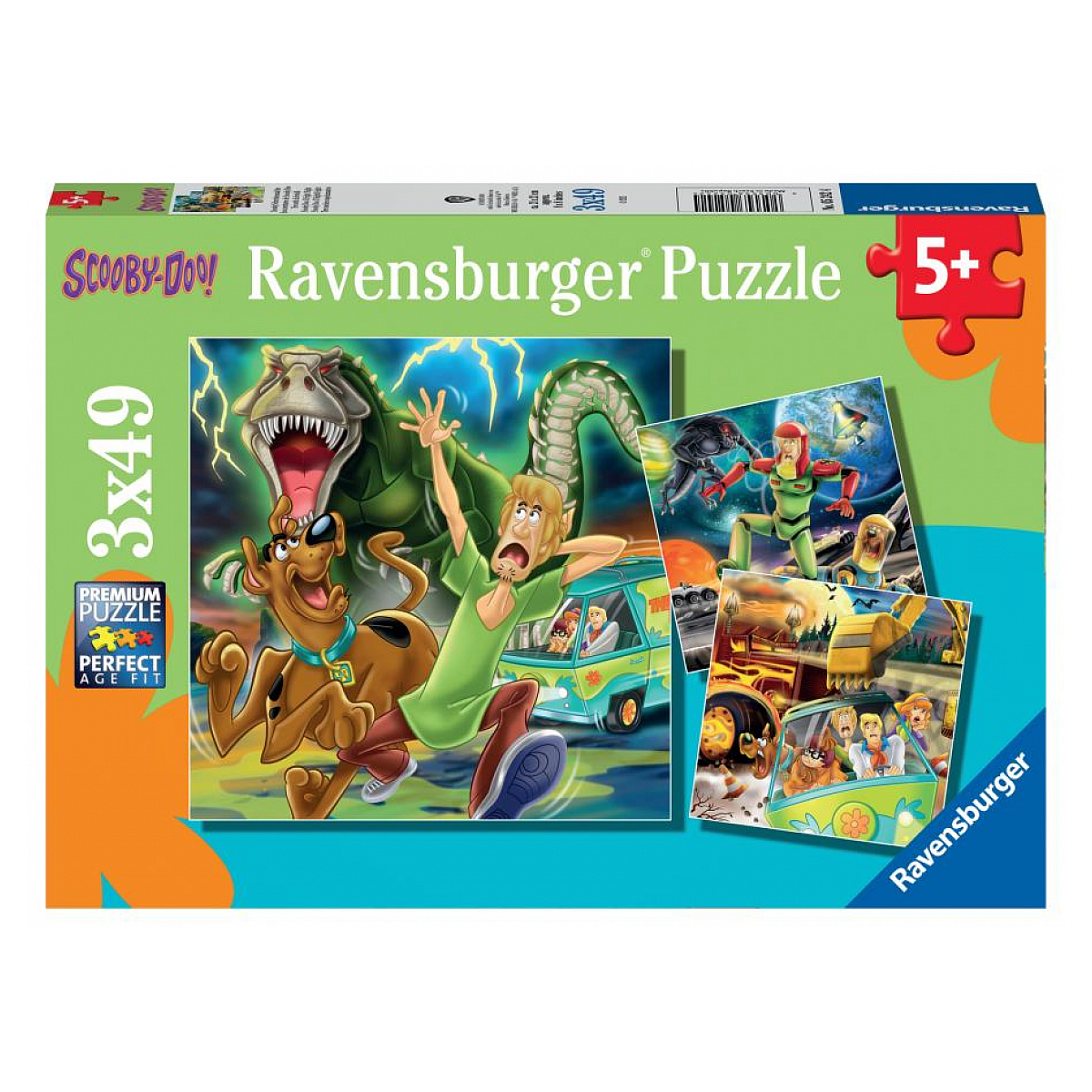 Scooby-Doo puzzeldoos. Scooby, Shaggy en een dinosaurus staan afgebeeld. De doos heeft een groen, blauw en oranje kleurenschema.