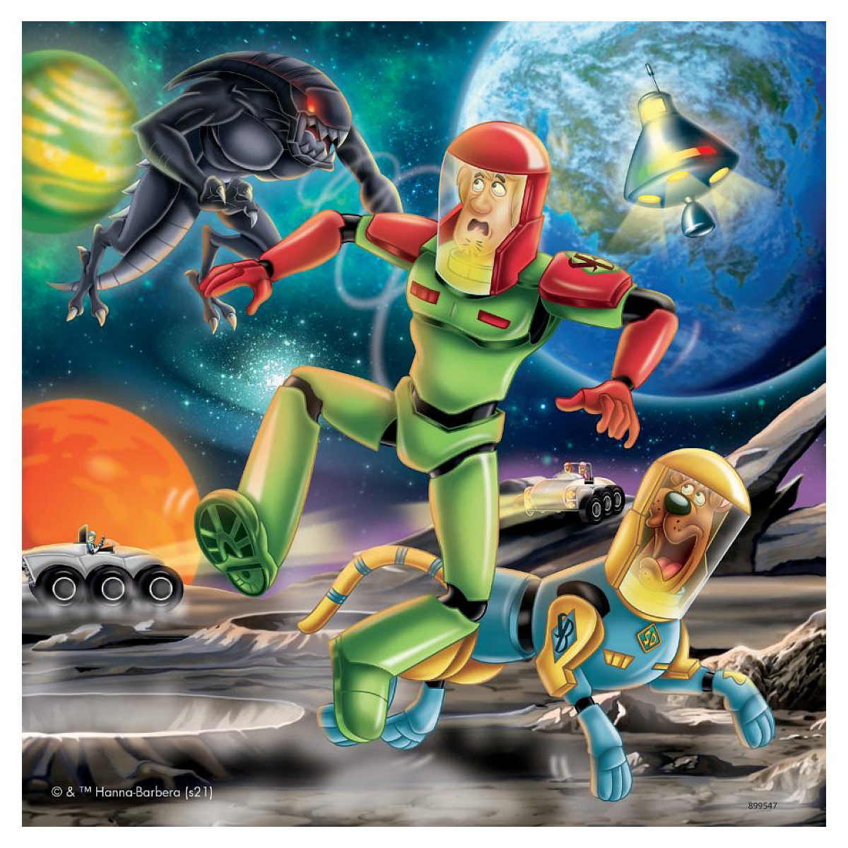 Cartoonafbeelding van een man en een hond in ruimtepakken, wegrennend van een monster. Planeten en ruimteschepen op de achtergrond.