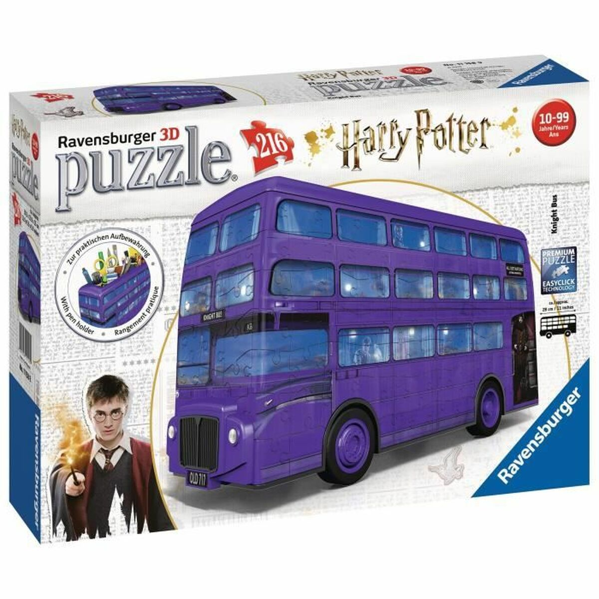 Zapakowana układanka 3D Harry Potter Ravensburger. Zawiera fioletowy Knight Bus, obraz Harry'ego Pottera i szczegóły układanki. Wiek: 10-99 lat.