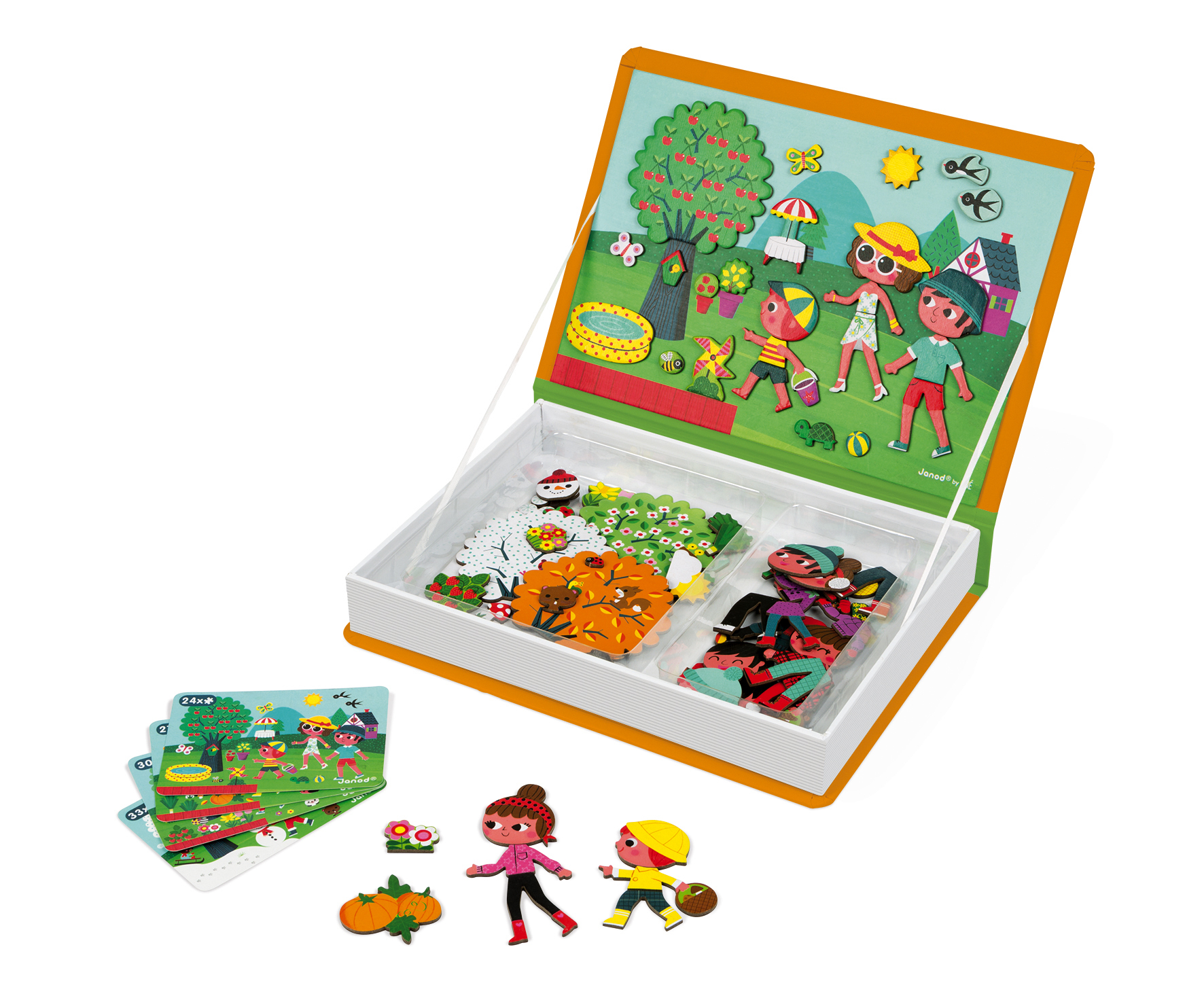 Magnetyczna książka dla dzieci z ilustracjami ludzi, drzew i innych przedmiotów. Są też magnetyczne figurki.