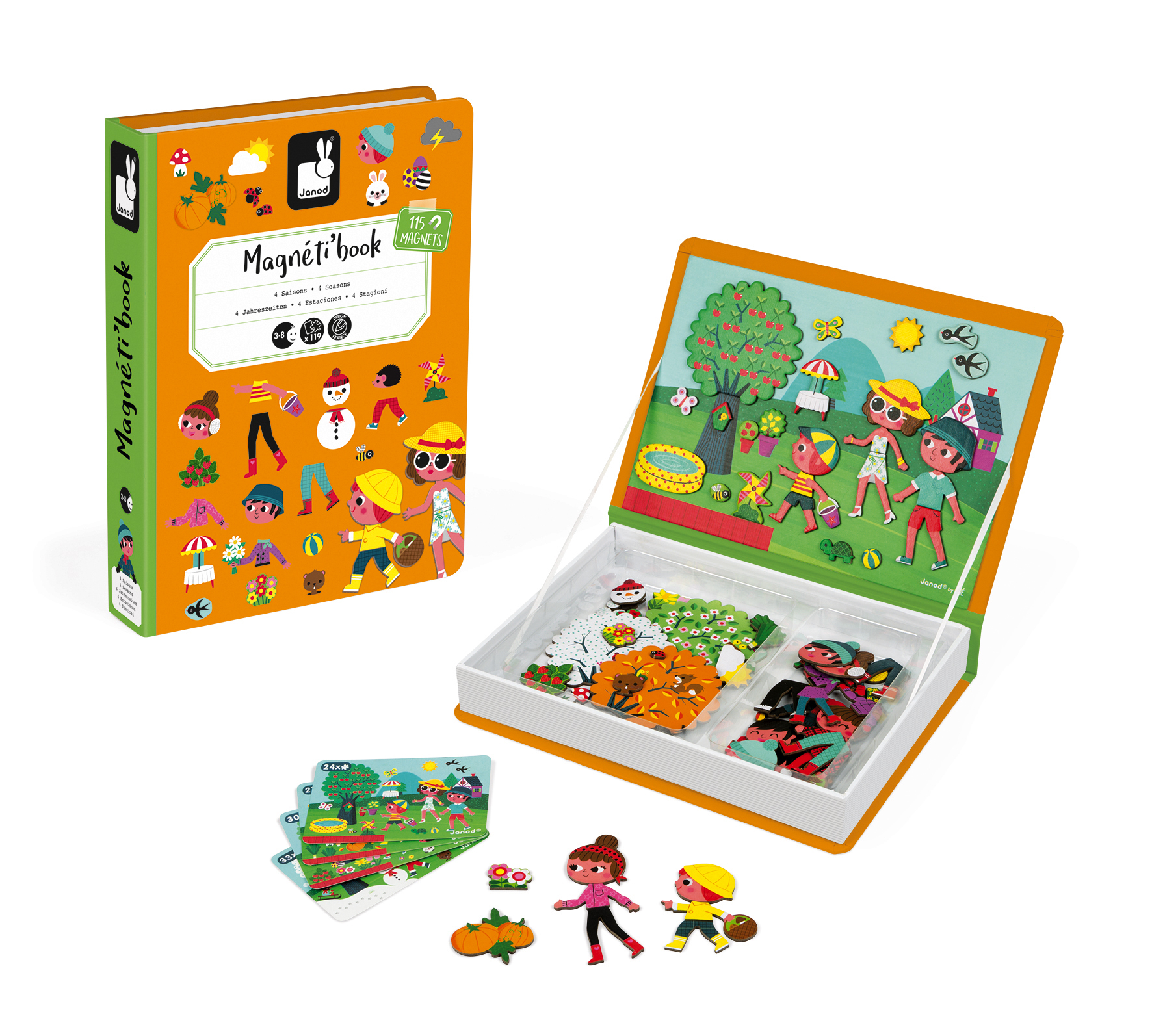 Otwarta zabawka w kształcie książki z magnetycznymi elementami. Przedstawia pory roku, z postaciami i krajobrazami. Część na stole.