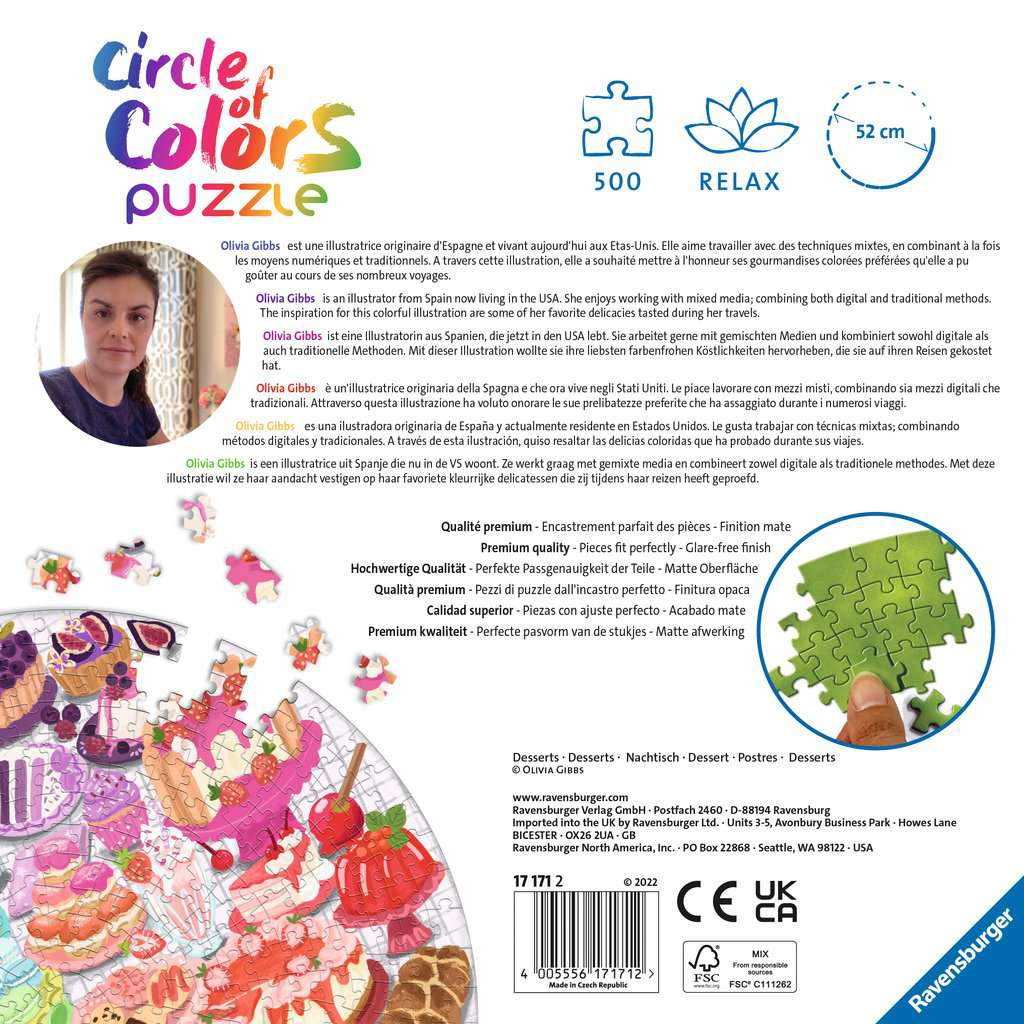 Puzzeldoos met kleurrijke afbeelding, tekst en logo. Een foto van een vrouw staat links.