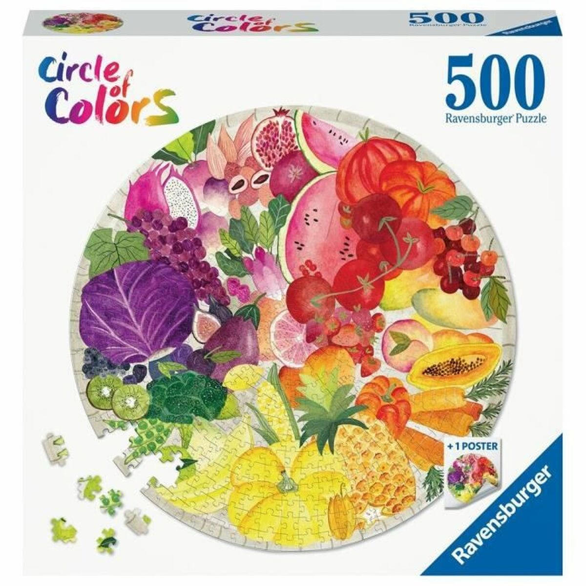 Puzzle Ravensburger 500 elementów. Zawiera okrągły wzór z kolorowych owoców, takich jak arbuz, winogrona i ananas.