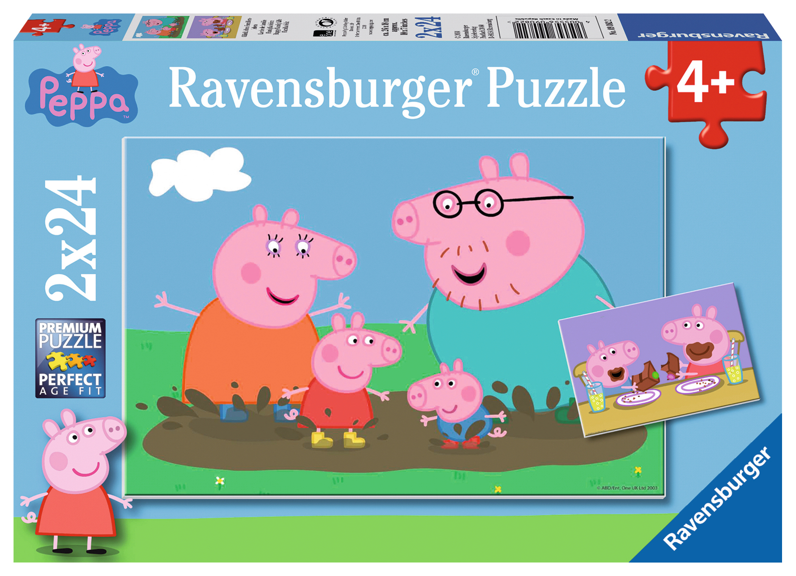 Una scatola di puzzle Peppa Pig Ravensburger. Mostra Peppa Pig e la sua famiglia che giocano nel fango. Include una piccola immagine della scena.