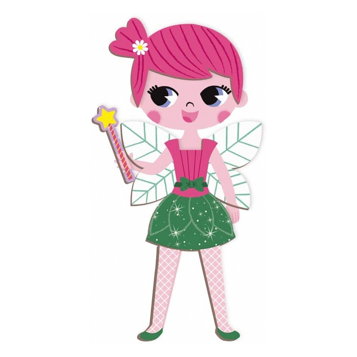 Kreskówkowa wróżka z różowymi włosami, różowym topem, zieloną spódnicą, białymi skrzydłami i gwiazdkową różdżką. Uśmiecha się.