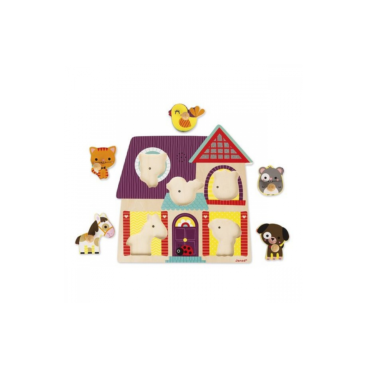Kolorowa drewniana układanka w kształcie domu z elementami zwierząt: kot, koń, ptak, niedźwiedź, pies i elementy domu.