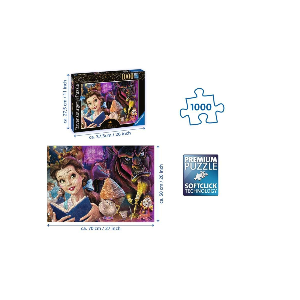 Gezeigt werden eine Ravensburger Puzzleschachtel und ein fertiges Puzzle. Das Puzzle zeigt Belle und die Bestie aus Disneys Die Schöne und das Biest.