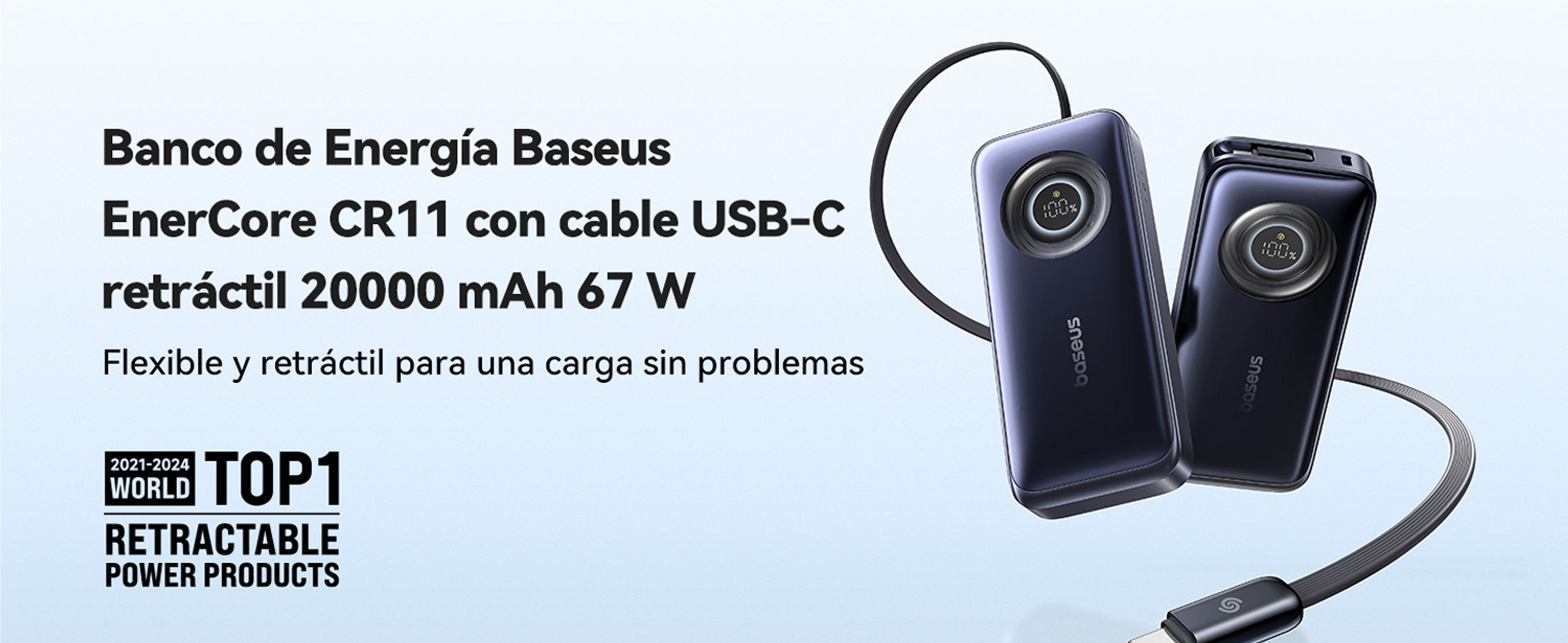 L'immagine mostra due power bank Baseus, neri con display digitali e informazioni sul prodotto in spagnolo.