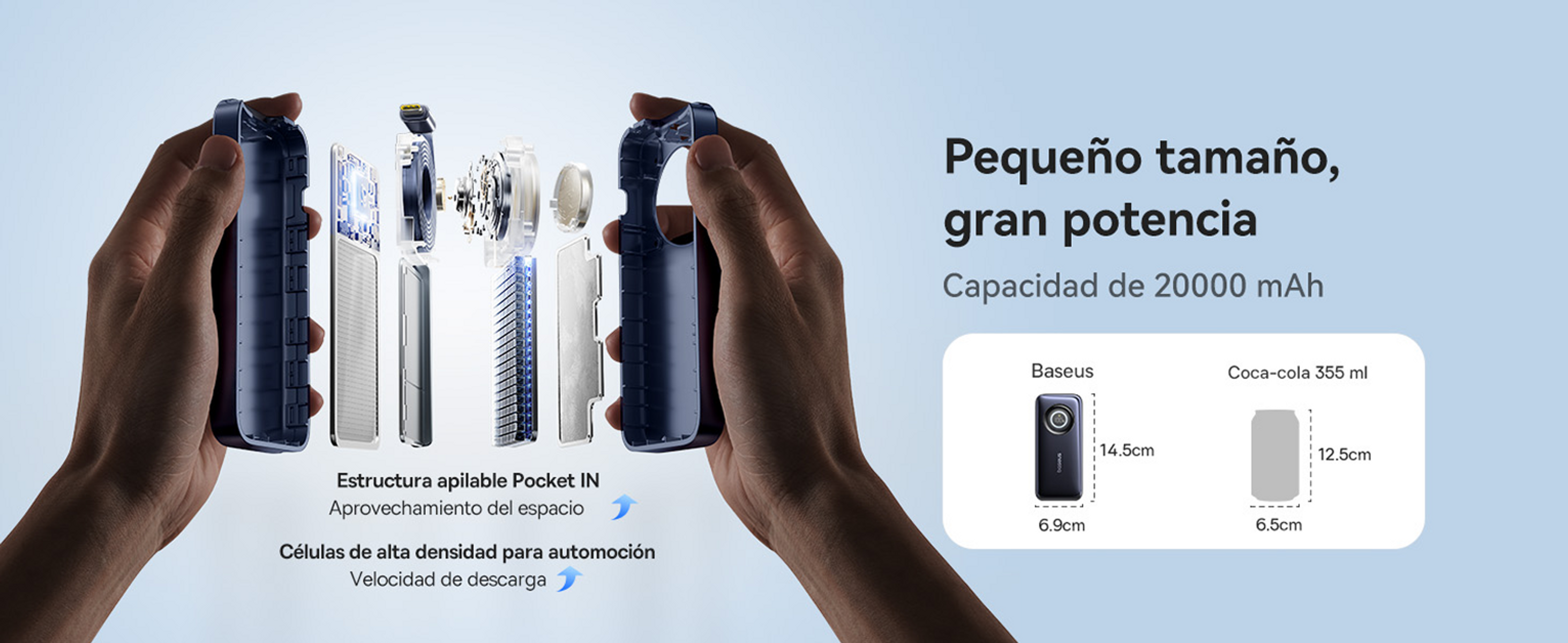 Mani che tengono un power bank smontato. Il testo indica 'piccole dimensioni, grande potenza' e menziona capacità e dimensioni.