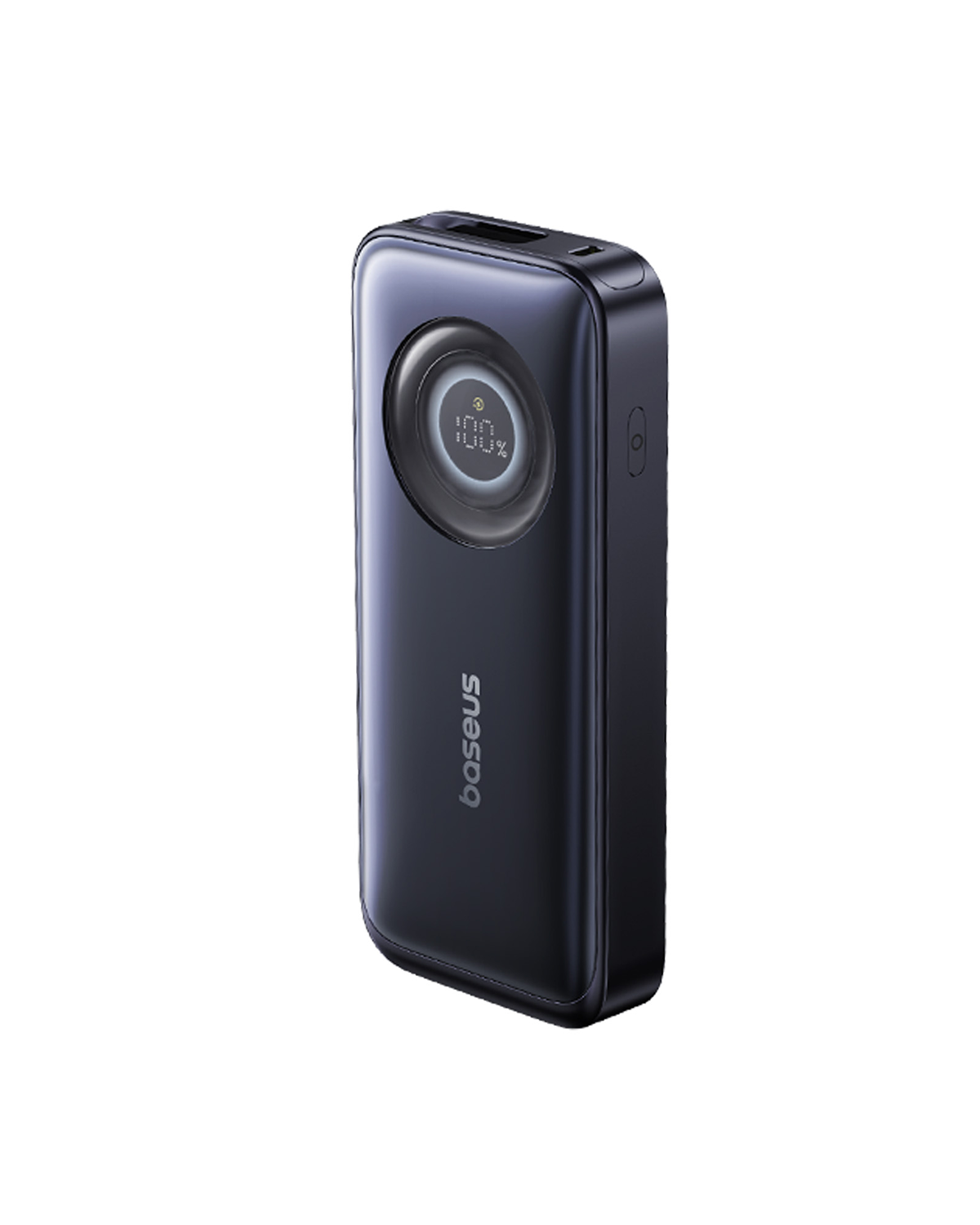 Un power bank Baseus blu scuro con display digitale che mostra il 100%. Il marchio è visibile. Su sfondo bianco.