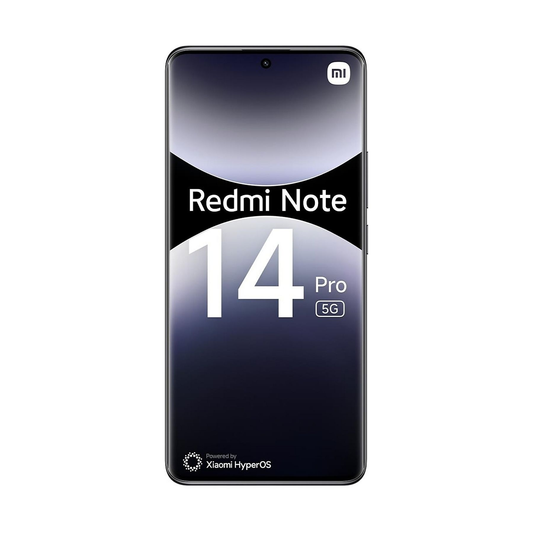 Smartphone con bordi curvi, Redmi Note 14 Pro 5G sullo schermo. Dispositivo nero su sfondo bianco.