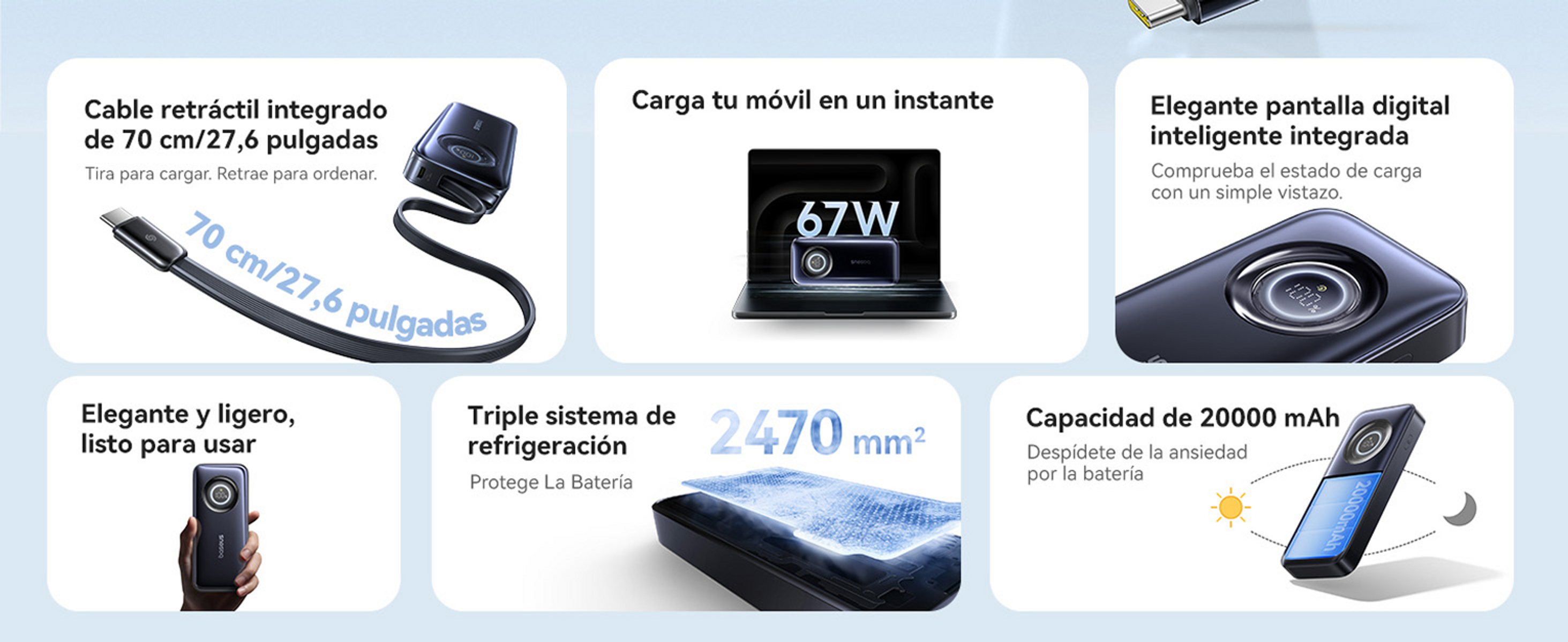 Ein Produkt mit einziehbaren Kabel, Bildschirm und 20000 mAh Akku. Merkmale sind Schnellladung und Kühlung.