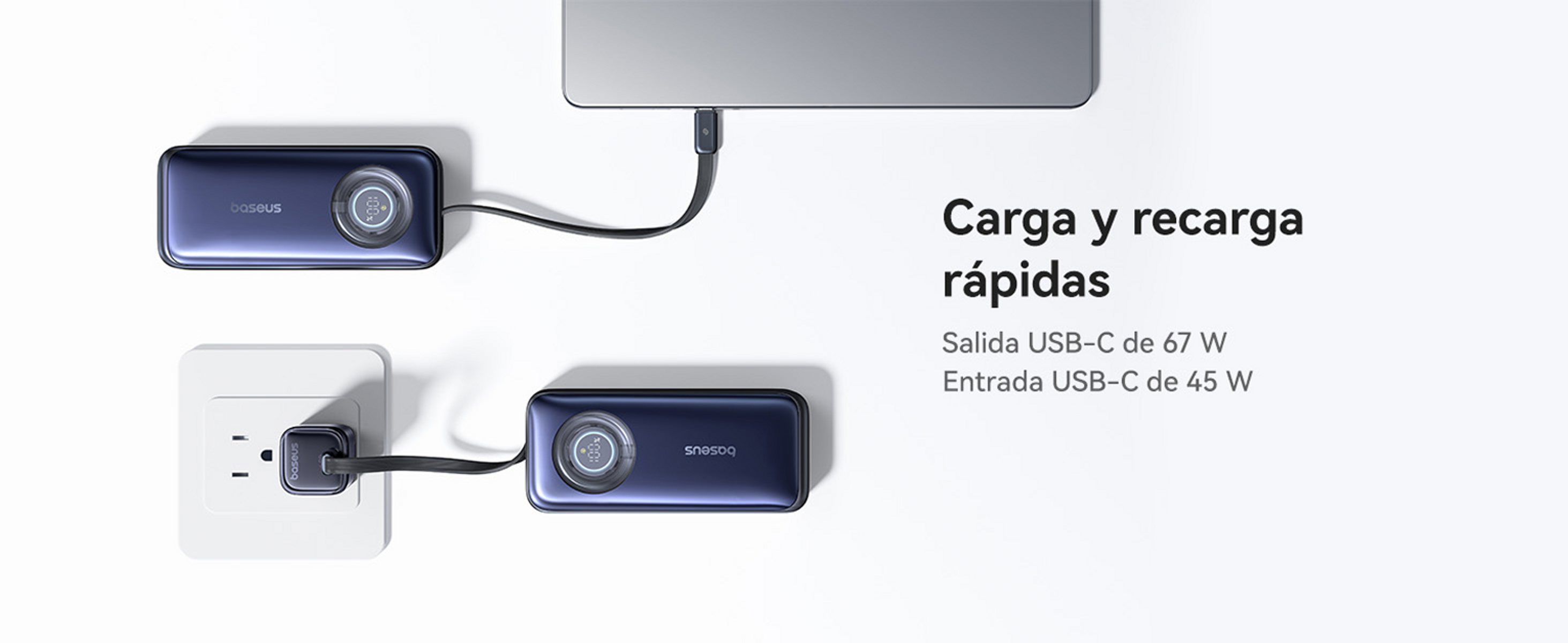 Das Bild zeigt einen Laptop und eine Powerbank, die über USB-C verbunden sind. Eine Steckdose hat auch eine Powerbank angeschlossen.