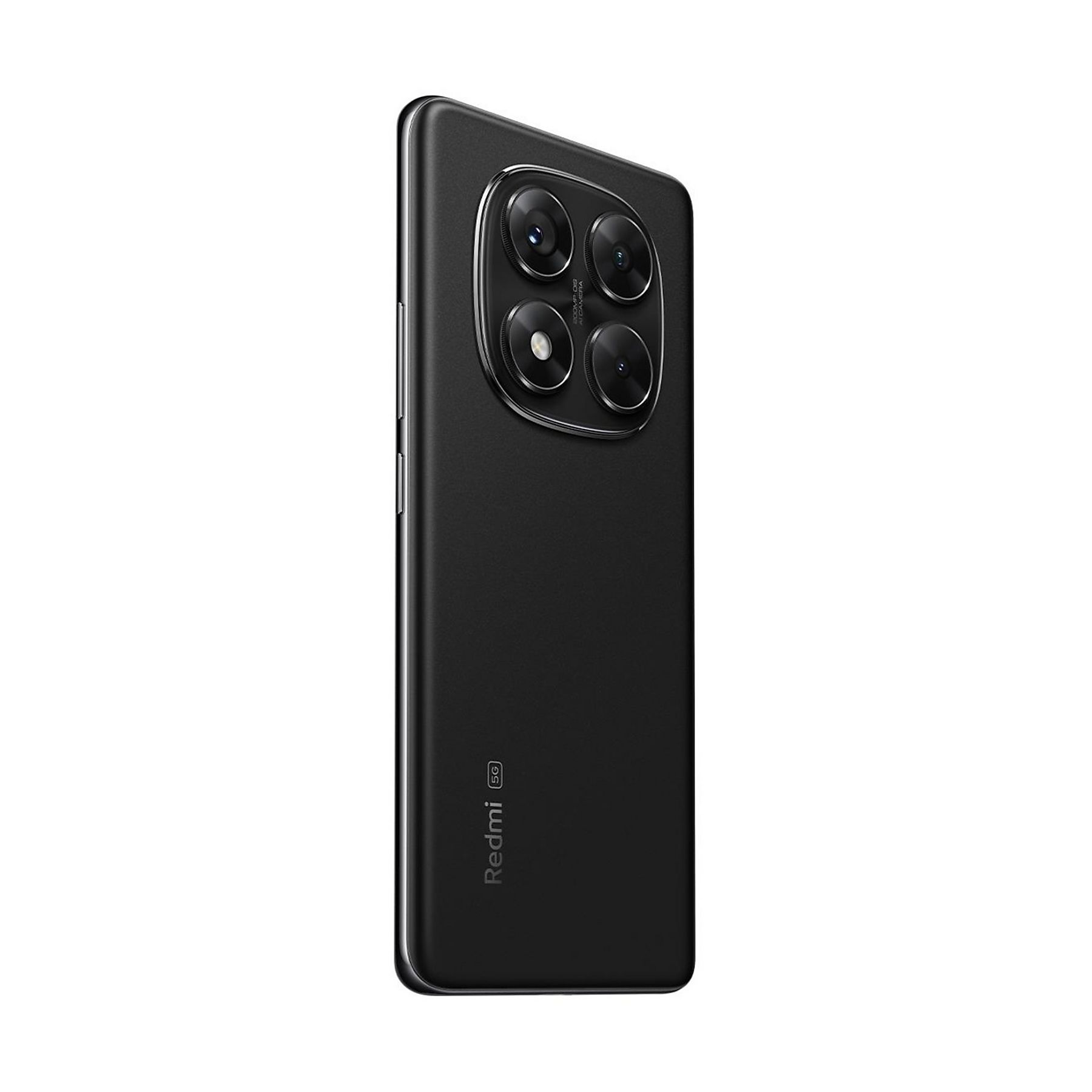 Un telefono Redmi 5G nero su sfondo bianco. Il telefono ha quattro obiettivi.