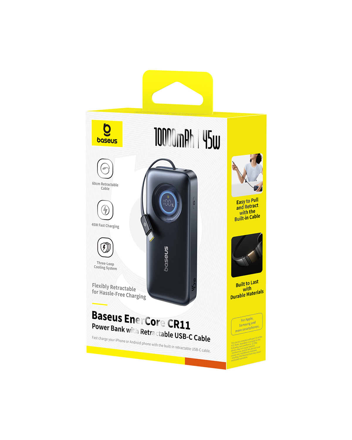 Un power bank Baseus EnerCore CR11 in una scatola gialla. Ha un cavo USB-C retrattile e 10000 mAh | 45w.