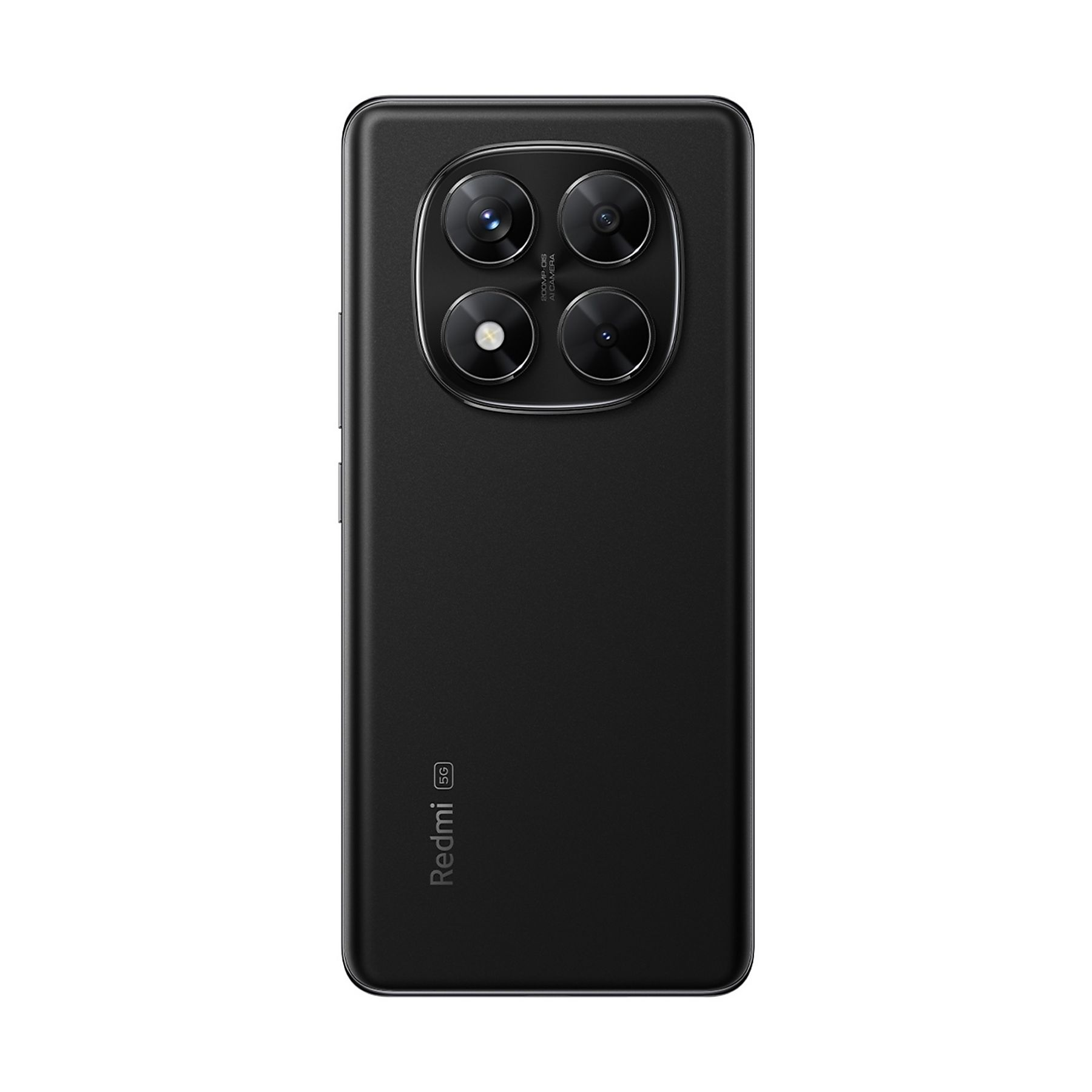 Retro del telefono Redmi 5G nero. Presenta una configurazione quad-camera e il logo Redmi. Design elegante.