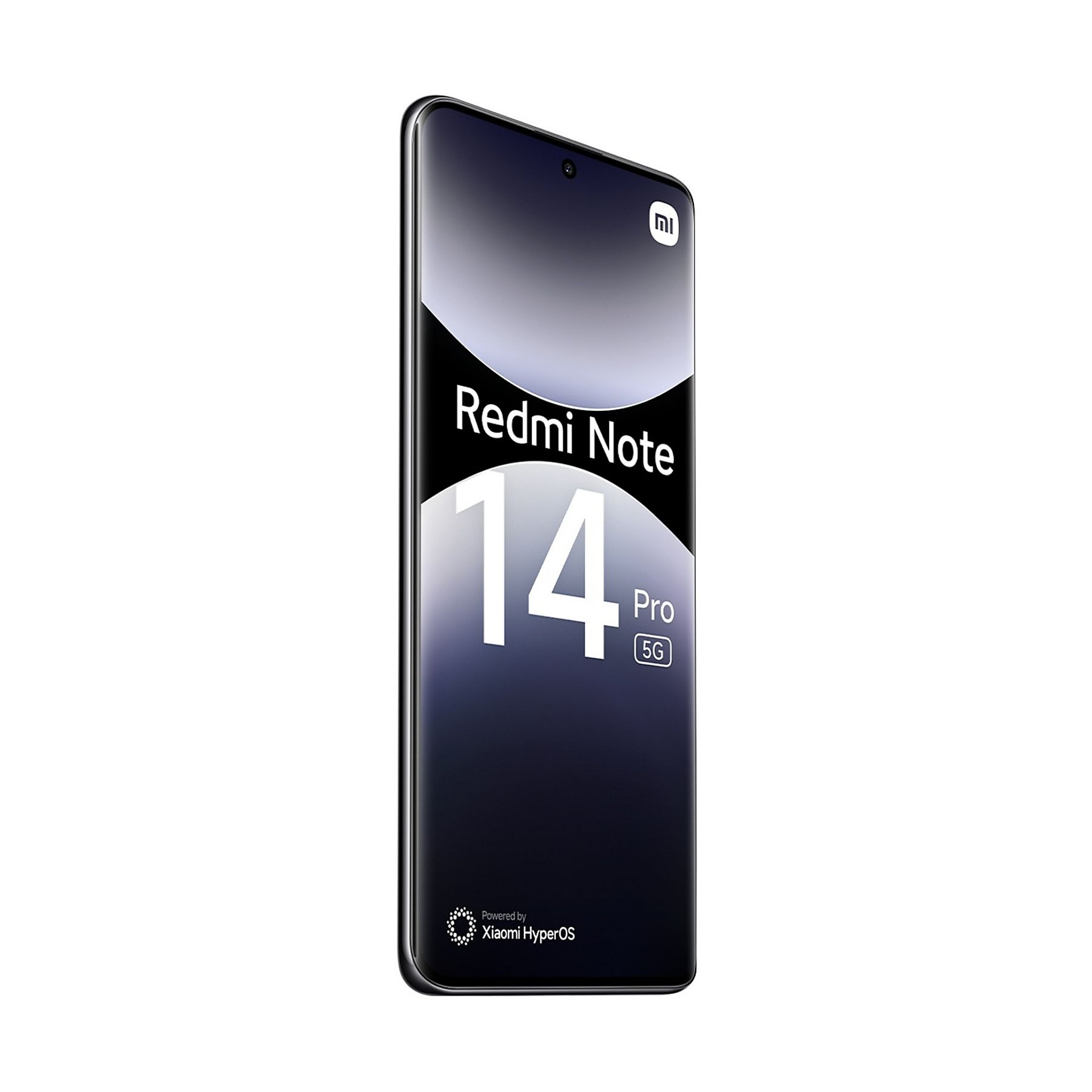 Uno smartphone con il logo Redmi Note 14 Pro 5G è visualizzato. Lo schermo mostra una sfumatura scura con testo.