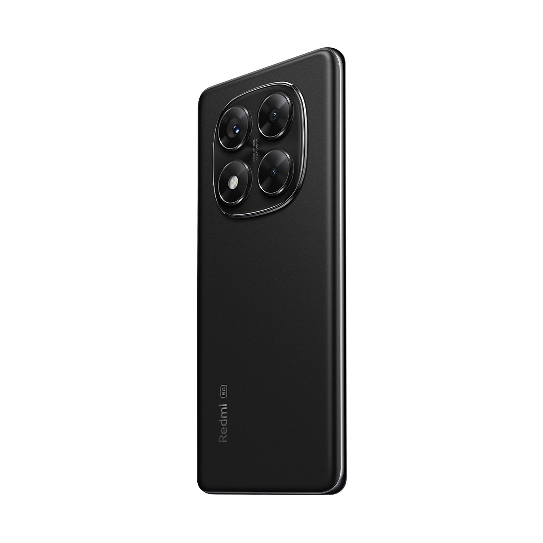 Smartphone nero con quattro fotocamere posteriori. Il logo Redmi e il 5G sono visibili. Il telefono è inclinato a destra.