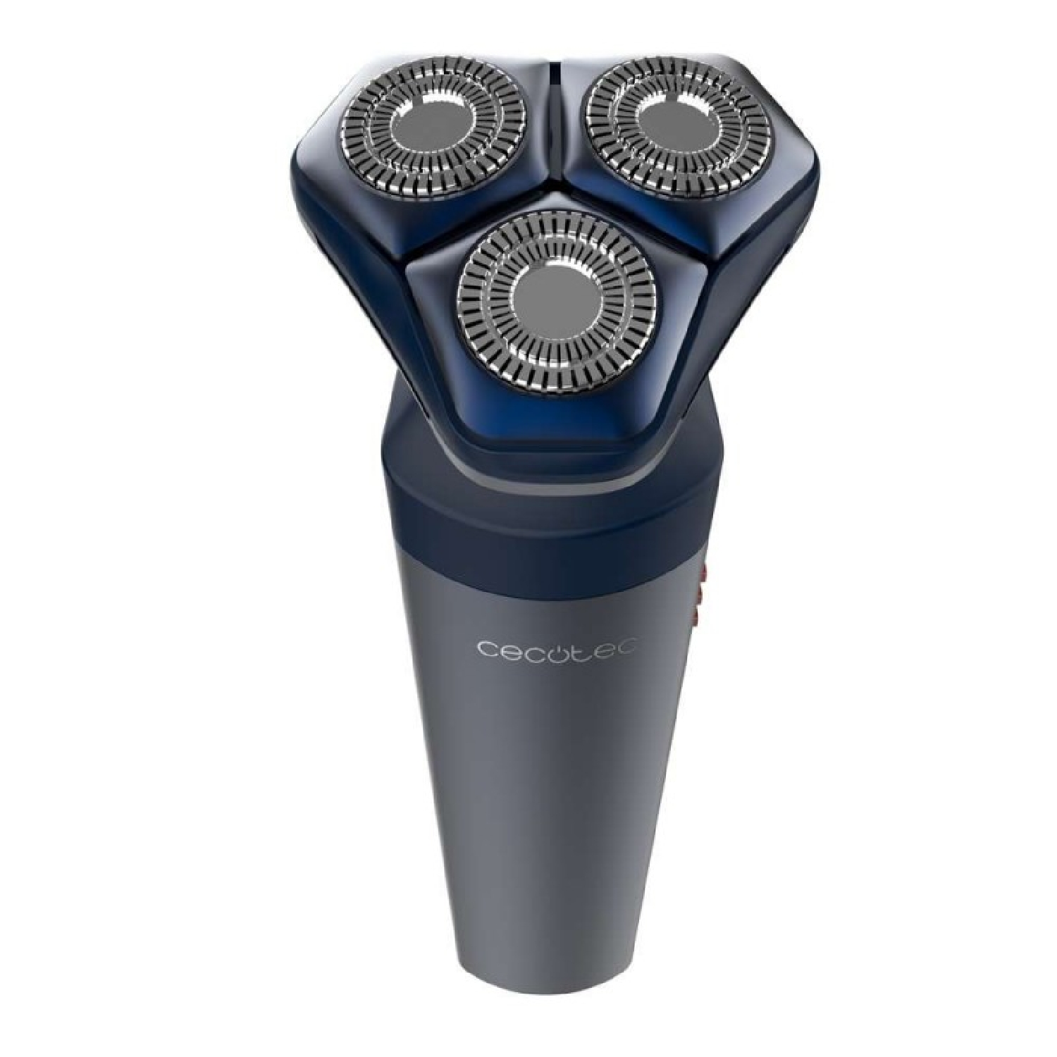 Un rasoio elettrico con tre testine rotanti, blu navy in alto e manico grigio. Visibile il nome del marchio Cecotec.