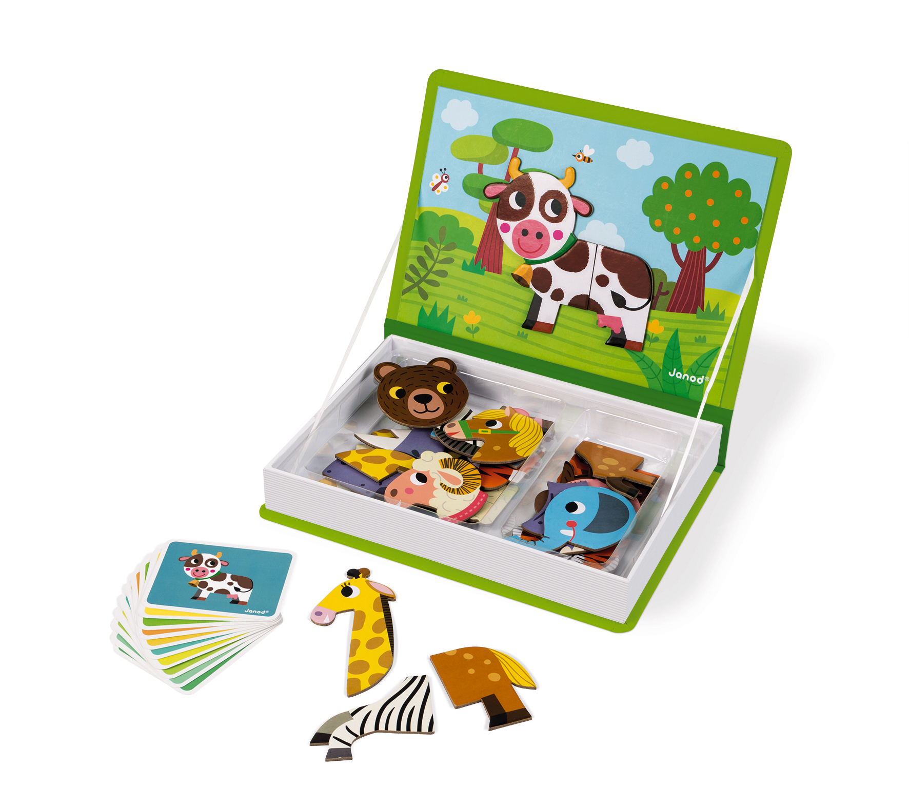 Eine Kinderpuzzlebox mit tierförmigen Teilen und Karten. Enthält eine Kuh, Giraffe, Bär, Löwe, Zebra, Pferd und Elefant.